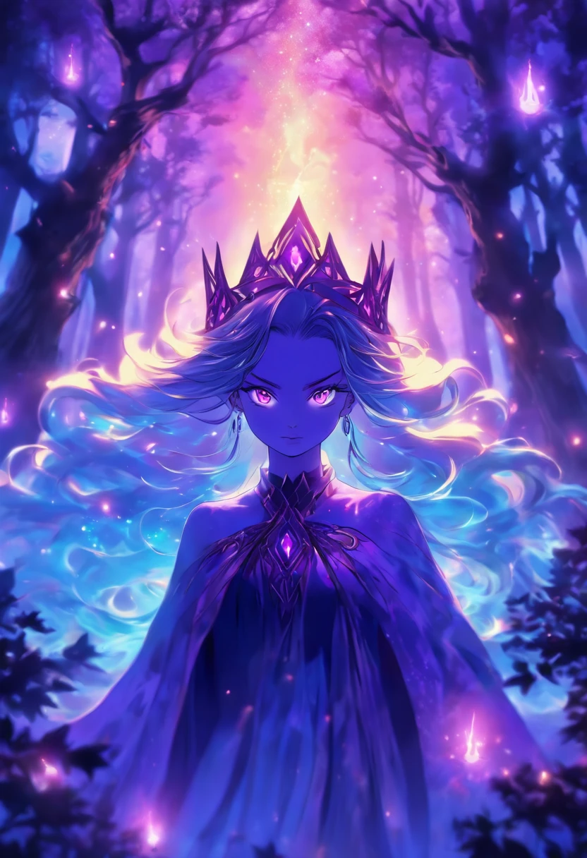 (best quality, highres, ultra-detailed, realistic:1.37), female, glowing purple eyes, long flowing blonde hair, witch, goddess, casting glowing spells, mystical fantasy woods, evil smirk, enchanted atmosphere, hauntingly beautiful, ethereal, dark magic, mesmerizing, captivating, mysterious aura, wisps of magic, moonlit glimmer, ancient power, bewitching presence, enchanting glow, intricate spellcasting, swirling energy, mystical symbols, surreal landscape, majestic trees, vibrant foliage, moonlight filtering through the branches, flickering lights, magical creatures, enchanting melodies, otherworldly whispers, ethereal haze, divinely powerful, aura of darkness, enchanting beauty, spellbinding gaze, magical essence, intoxicating charm, femme fatale, mythical realm, hauntingly seductive, spellbound onlookers