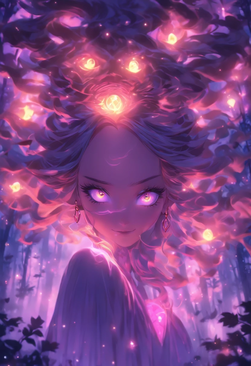 (best quality, highres, ultra-detailed, realistic:1.37), female, glowing purple eyes, long flowing blonde hair, witch, goddess, casting glowing spells, mystical fantasy woods, evil smirk, enchanted atmosphere, hauntingly beautiful, ethereal, dark magic, mesmerizing, captivating, mysterious aura, wisps of magic, moonlit glimmer, ancient power, bewitching presence, enchanting glow, intricate spellcasting, swirling energy, mystical symbols, surreal landscape, majestic trees, vibrant foliage, moonlight filtering through the branches, flickering lights, magical creatures, enchanting melodies, otherworldly whispers, ethereal haze, divinely powerful, aura of darkness, enchanting beauty, spellbinding gaze, magical essence, intoxicating charm, femme fatale, mythical realm, hauntingly seductive, spellbound onlookers