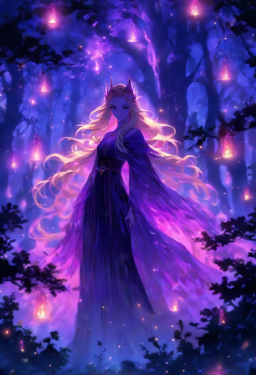 (best quality, highres, ultra-detailed, realistic:1.37), female, glowing purple eyes, long flowing blonde hair, witch, goddess, casting glowing spells, mystical fantasy woods, evil smirk, enchanted atmosphere, hauntingly beautiful, ethereal, dark magic, mesmerizing, captivating, mysterious aura, wisps of magic, moonlit glimmer, ancient power, bewitching presence, enchanting glow, intricate spellcasting, swirling energy, mystical symbols, surreal landscape, majestic trees, vibrant foliage, moonlight filtering through the branches, flickering lights, magical creatures, enchanting melodies, otherworldly whispers, ethereal haze, divinely powerful, aura of darkness, enchanting beauty, spellbinding gaze, magical essence, intoxicating charm, femme fatale, mythical realm, hauntingly seductive, spellbound onlookers