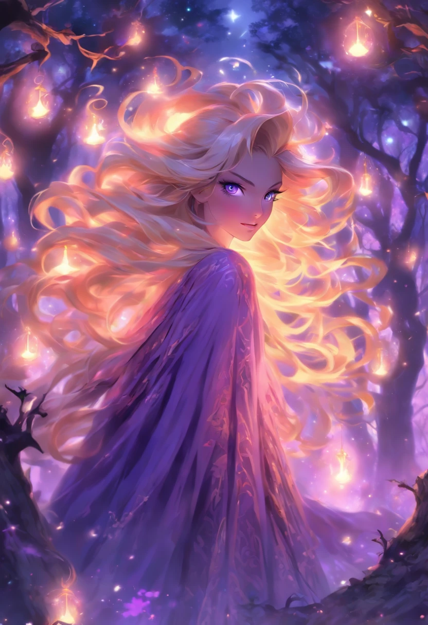 (best quality, highres, ultra-detailed, realistic:1.37), female, glowing purple eyes, long flowing blonde hair, witch, goddess, casting glowing spells, mystical fantasy woods, evil smirk, enchanted atmosphere, hauntingly beautiful, ethereal, dark magic, mesmerizing, captivating, mysterious aura, wisps of magic, moonlit glimmer, ancient power, bewitching presence, enchanting glow, intricate spellcasting, swirling energy, mystical symbols, surreal landscape, majestic trees, vibrant foliage, moonlight filtering through the branches, flickering lights, magical creatures, enchanting melodies, otherworldly whispers, ethereal haze, divinely powerful, aura of darkness, enchanting beauty, spellbinding gaze, magical essence, intoxicating charm, femme fatale, mythical realm, hauntingly seductive, spellbound onlookers