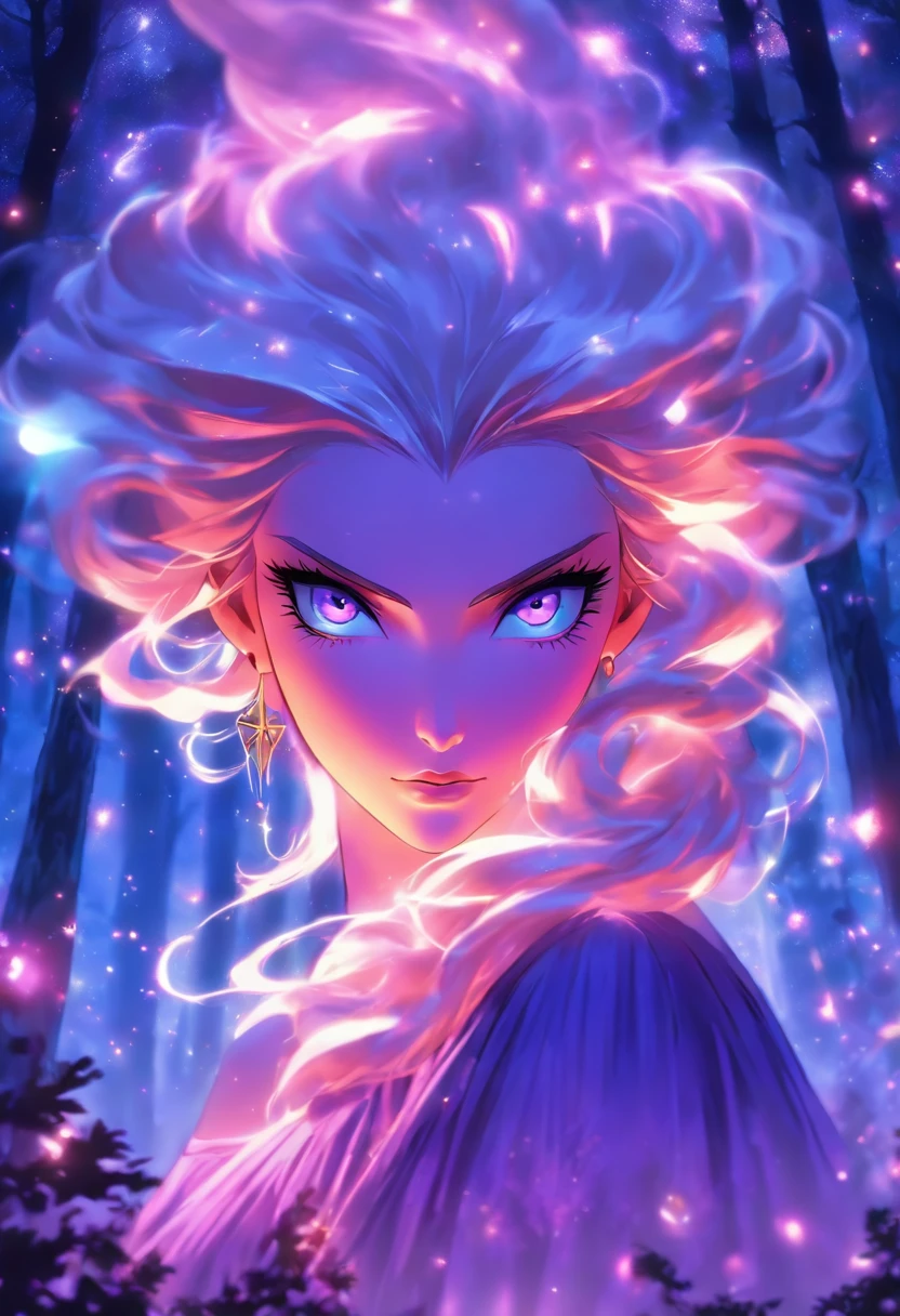 (best quality, highres, ultra-detailed, realistic:1.37), female, glowing purple eyes, long flowing blonde hair, witch, goddess, casting glowing spells, mystical fantasy woods, evil smirk, enchanted atmosphere, hauntingly beautiful, ethereal, dark magic, mesmerizing, captivating, mysterious aura, wisps of magic, moonlit glimmer, ancient power, bewitching presence, enchanting glow, intricate spellcasting, swirling energy, mystical symbols, surreal landscape, majestic trees, vibrant foliage, moonlight filtering through the branches, flickering lights, magical creatures, enchanting melodies, otherworldly whispers, ethereal haze, divinely powerful, aura of darkness, enchanting beauty, spellbinding gaze, magical essence, intoxicating charm, femme fatale, mythical realm, hauntingly seductive, spellbound onlookers