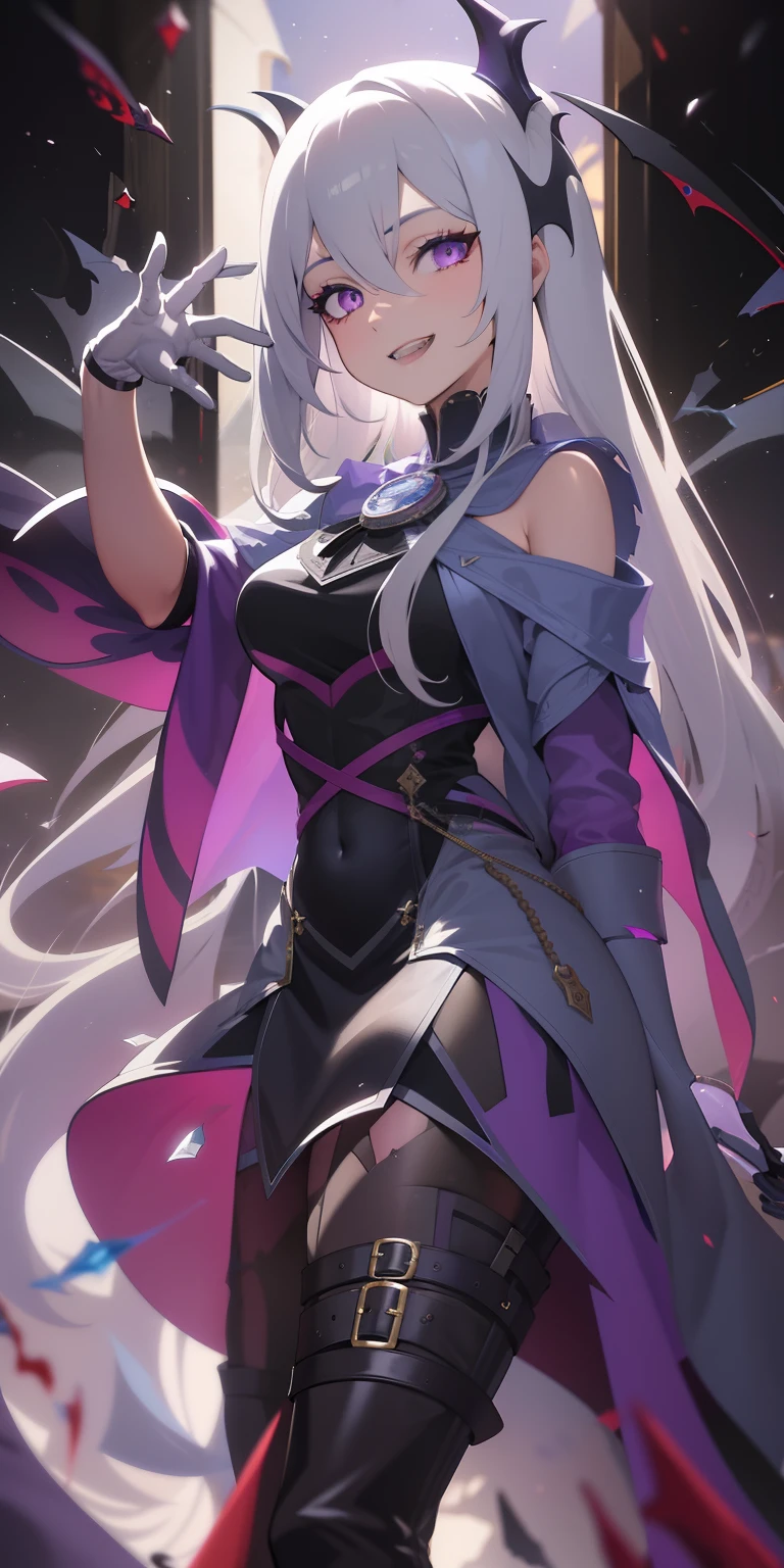 masterpiece, best quality, ultra-detailed, best shadow), (detailed background,dark fantasy), (beautiful detailed face), high contrast, (best illumination, an extremely delicate and beautiful), ((cinematic light)), colorful, hyper detail, dramatic light, intricate details, (1girl, solo,white hair, sharp face,purple eyes, hair between eyes,dynamic angle), swirling black light around the character, depth of field,black light particles,(broken glass), full body, holding magical sword, woman, happy, smile, look in front, tall, wearing boots, attractive, detailed clothing, woman, adult, sexy, laughing, adorable looking, full body, cloak, blood on teeth, vampire teeth, vampire, Blood dripping down,