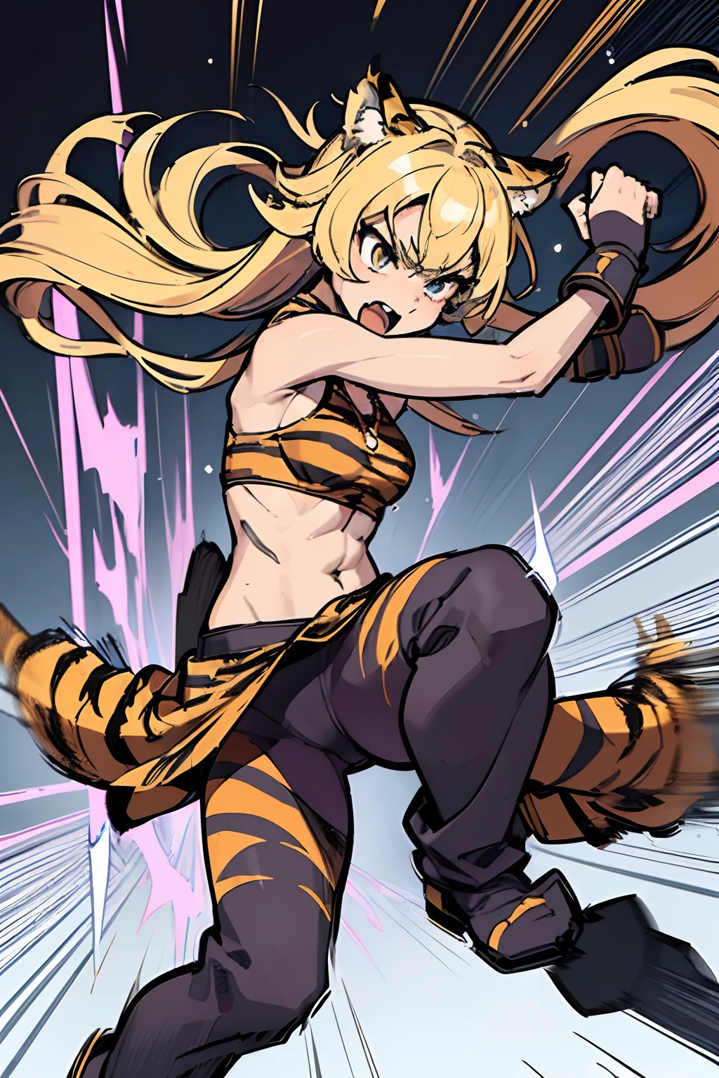 20yo 1girl, solo, (angry:1.2), small chest, (muscular:1.2), fang, (blonde long hair, tiger print bang:1.2), (tiger ears, locket necklace, triangle locket:1.2), (tiger print long pant, tiger print elbow gloves, black knee boot:1.2) full body, (high kick, fighting stance, flighting pose, flighting action, dynamic angle, battle, The girl is attacking at great speed, high speed action, the girl is moving at great speed, afterimage, palms:1.5), ( light particles, motion lines, speed lines, motion blur, The girl's hair flutter wildly in the wind, high speed:1.5), (Rocky areas, rubble), BREAK from back