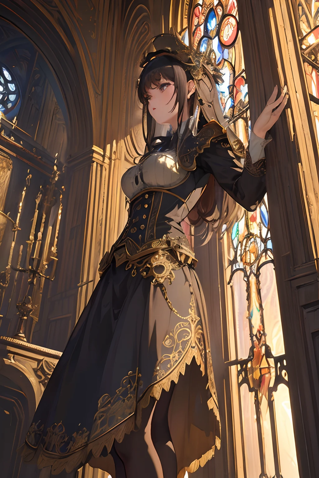 (extremely detailed and realistic CG, masterpiece, best quality, ultra-detailed), steampunk, Sao Paulo Metropolitan Cathedral, (best illumination, best shadow, an extremely delicate and beautiful), dynamic angle, cinematic atmosphere, ornate metalwork, gears, clockwork, smoke, steam, period costume, vibrant colors, a cat, and girl with funny face