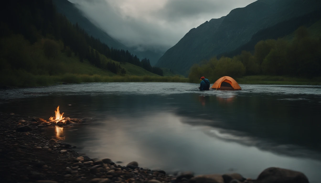 Camping in places with rivers and mountains on rainy days,master-piece