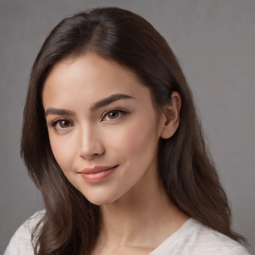 (Photo: 1.3) af (realism: 1.3), (Hispanic), Latina woman profile picture, (frontal close-up), soft light, clear face, happy, cheerful, warm light, white T-shirt, (off-white background), (blank background), ((gray wall background)) avatar, (long hair), smile, beautiful, young,, short hair, smile, (close-up)