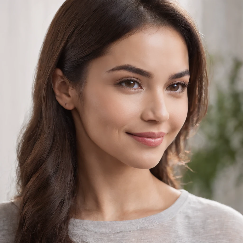 (Photo: 1.3) af (realism: 1.3), (Hispanic), Latina woman profile picture, (frontal close-up), soft light, clear face, happy, cheerful, warm light, white T-shirt, (off-white background), (blank background), ((gray wall background)) avatar, (long hair), smile, beautiful, young,, short hair, smile, (close-up)