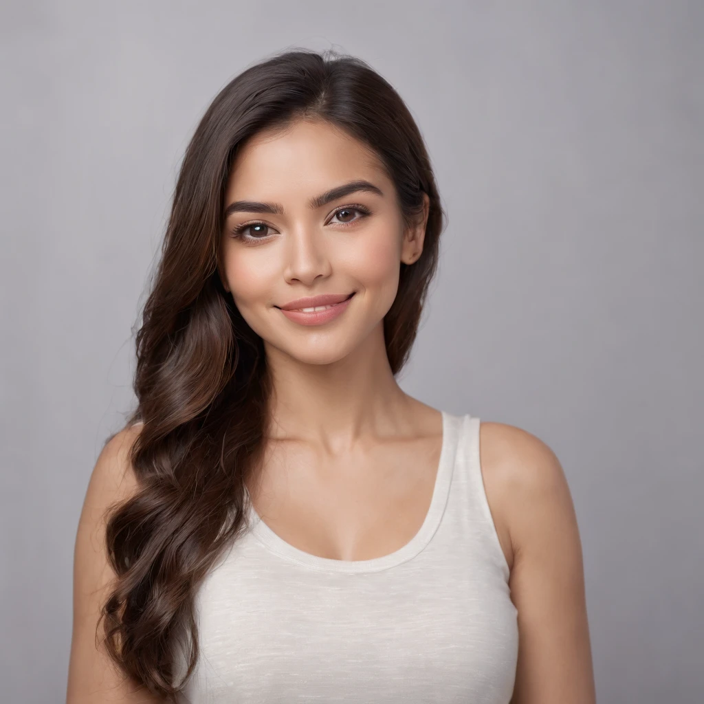 (Photo: 1.3) af (realism: 1.3), (Hispanic), Latina woman profile picture, (frontal close-up), soft light, clear face, happy, cheerful, warm light, white T-shirt, (off-white background), (blank background), ((gray wall background)) avatar, (long hair), smile, beautiful, young,, short hair, smile, (close-up)