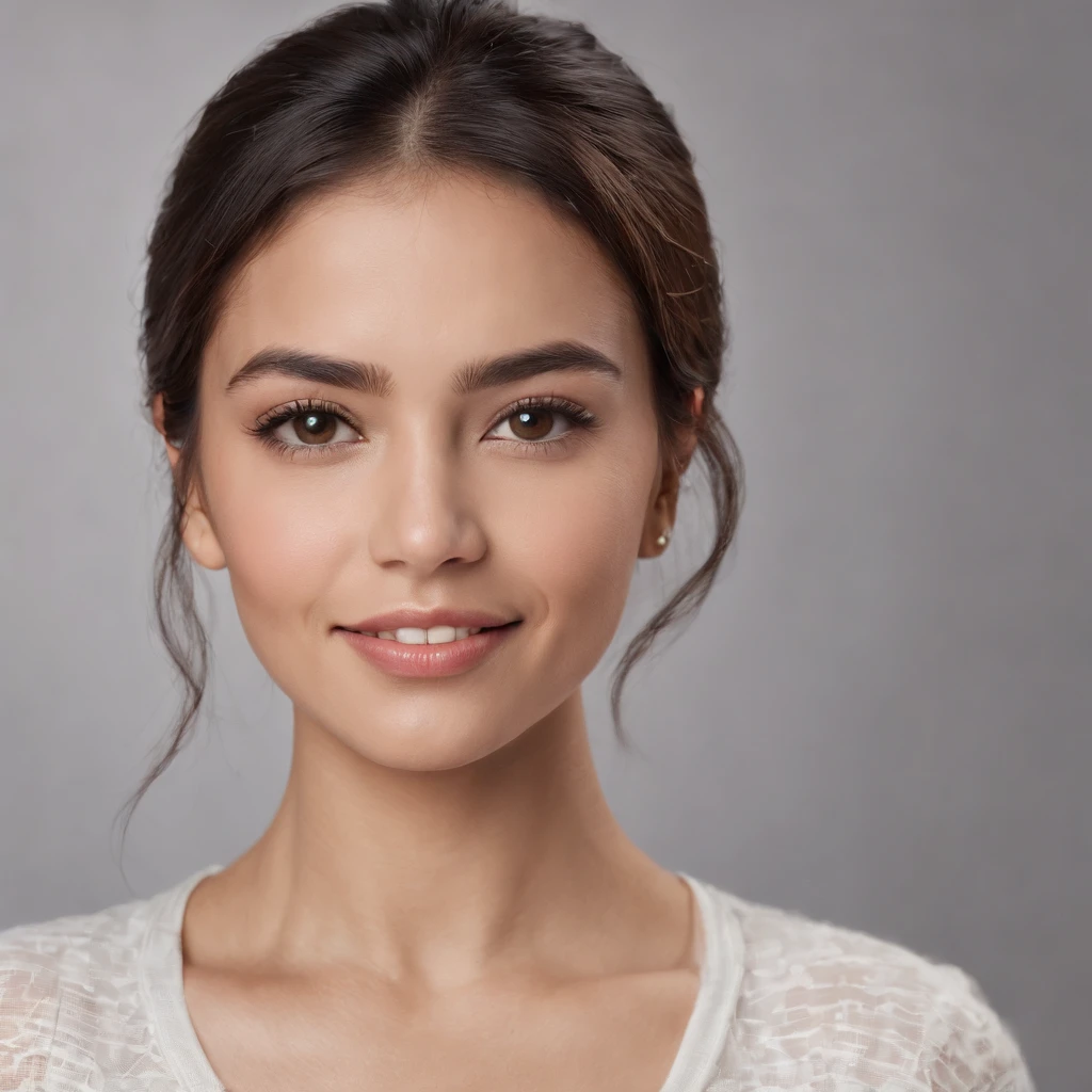 (Photo: 1.3) af (realism: 1.3), (Hispanic), Latina woman profile picture, (frontal close-up), soft light, clear face, happy, cheerful, warm light, white T-shirt, (off-white background), (blank background), ((gray wall background)) avatar, (long hair), smile, beautiful, young,, short hair, smile, (close-up)