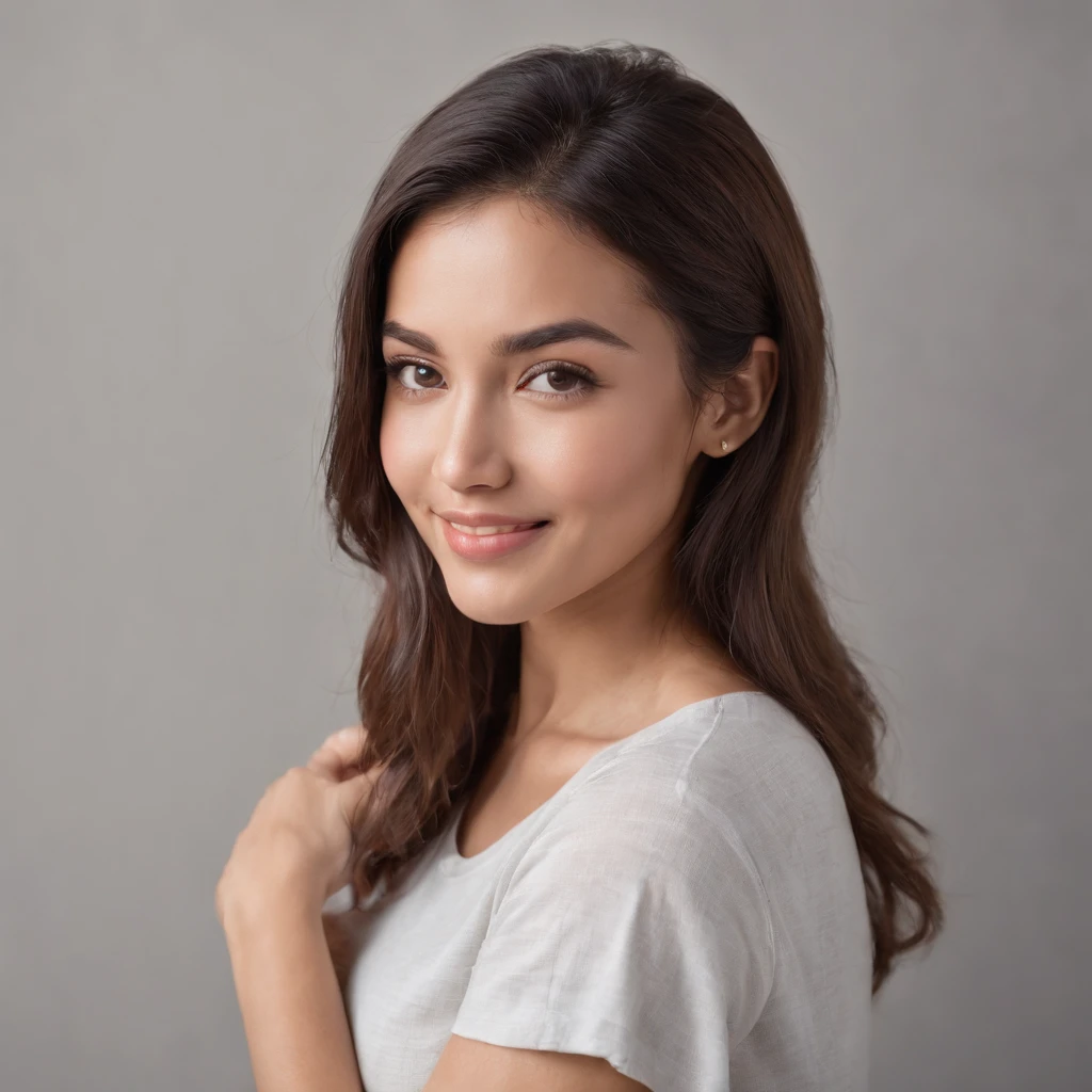 (Photo: 1.3) af (realism: 1.3), (Hispanic), Latina woman profile picture, (frontal close-up), soft light, clear face, happy, cheerful, warm light, white T-shirt, (off-white background), (blank background), ((gray wall background)) avatar, (long hair), smile, beautiful, young,, short hair, smile, (close-up)