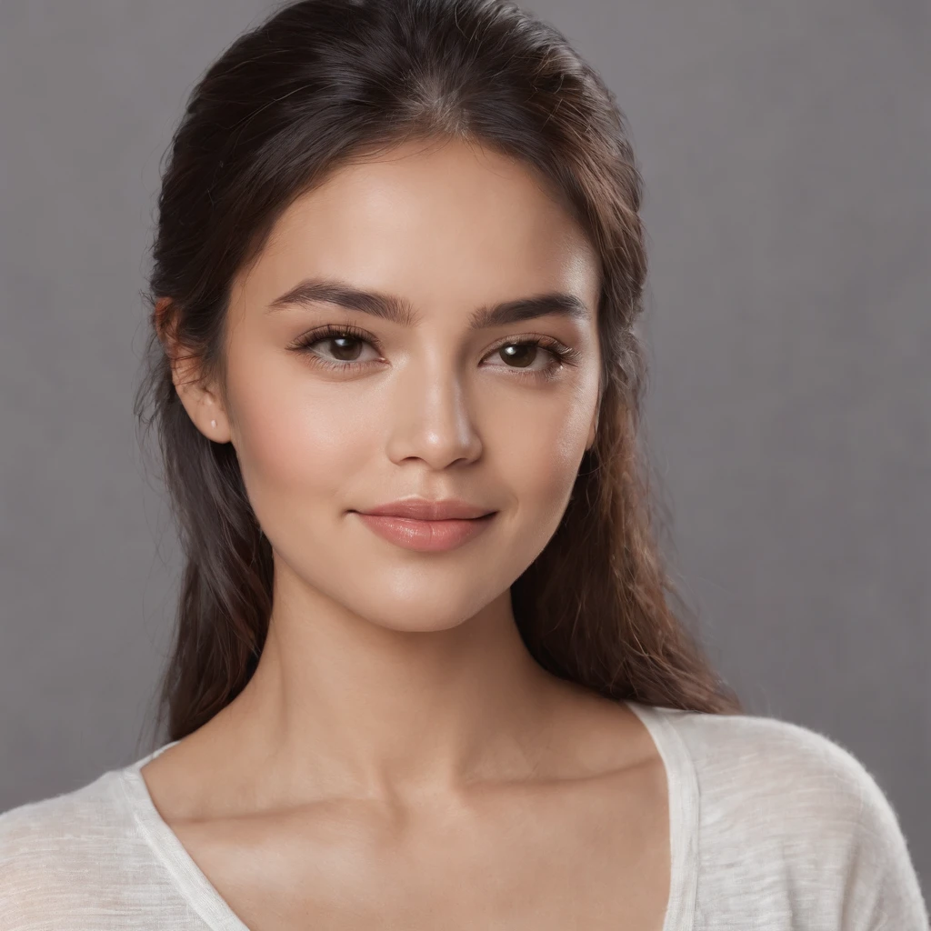 (Photo: 1.3) af (realism: 1.3), (Hispanic), Latina woman profile picture, (frontal close-up), soft light, clear face, happy, cheerful, warm light, white T-shirt, (off-white background), (blank background), ((gray wall background)) avatar, (long hair), smile, beautiful, young,, short hair, smile, (close-up)