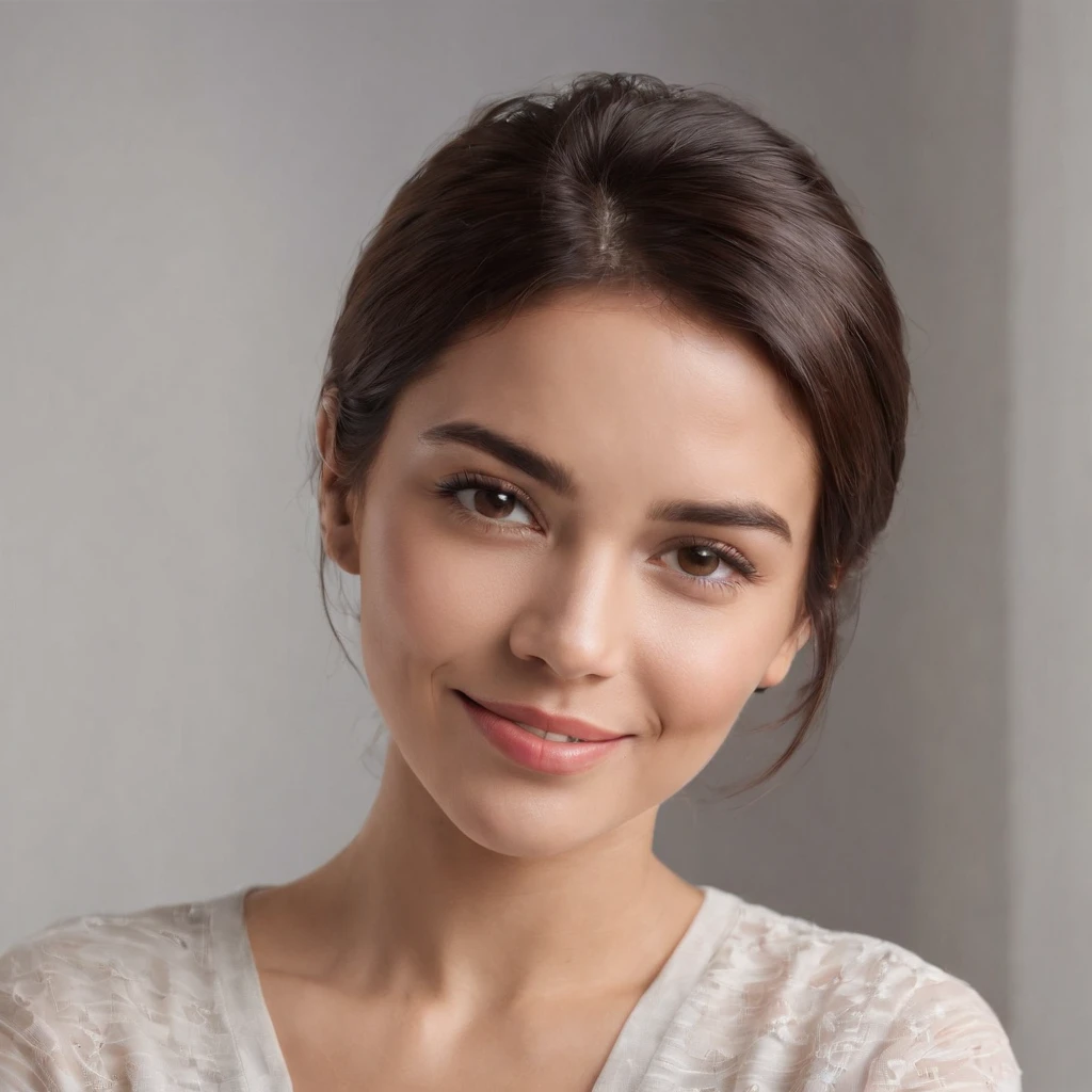 (Photo: 1.3) af (realism: 1.3), (Hispanic), Latina woman profile picture, (frontal close-up), soft light, clear face, happy, cheerful, warm light, white T-shirt, (off-white background), (blank background), ((gray wall background)) avatar, (short hair), smile, beautiful, young,, short hair, smile, (close-up)
