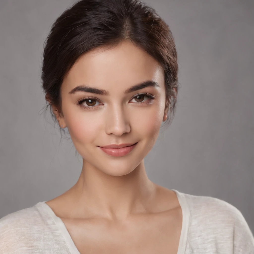 (Photo: 1.3) af (realism: 1.3), (Hispanic), Latina woman profile picture, (frontal close-up), soft light, clear face, happy, cheerful, warm light, white T-shirt, (off-white background), (blank background), ((gray wall background)) avatar, (short hair), smile, beautiful, young,, short hair, smile, (close-up)