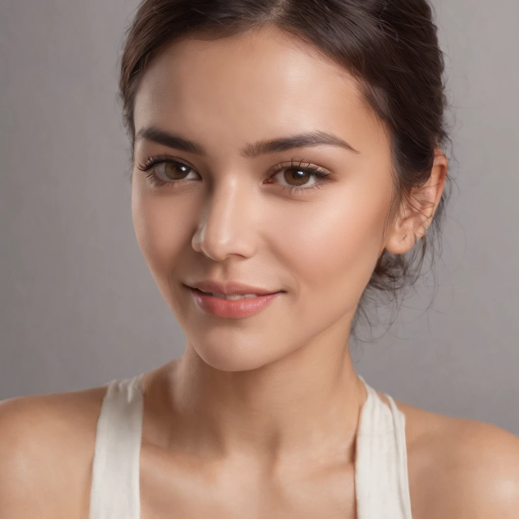 (Photo: 1.3) af (realism: 1.3), (Hispanic), Latina woman profile picture, (frontal close-up), soft light, clear face, happy, cheerful, warm light, white T-shirt, (off-white background), (blank background), ((gray wall background)) avatar, (short hair), smile, beautiful, young,, short hair, smile, (close-up)