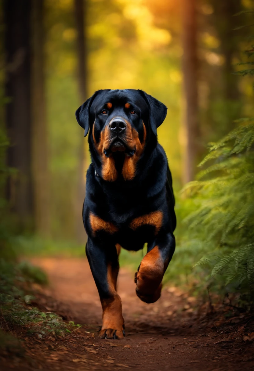 Big, strong, rottweiler, walking, on forest sun ligth on back