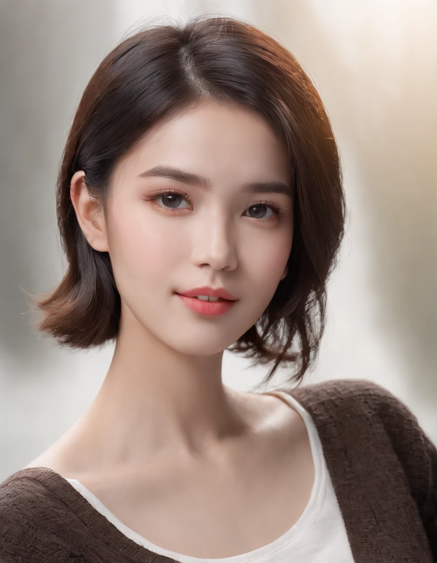 ((Side view)),(Masterpiece:1.3), (8K, Photorealistic, RAW photo, Best quality: 1.4), White background ,Kaihuai, Be happy, Show your teeth,(1girll), Beautiful face, (Realistic face), (Black hair, Short hair:1.3), Beautiful hairstyle, Realistic eyes, Beautiful detailed eyes, (Realistic skin), Beautiful skin, (Black sweater), absurderes, Attractive, 超高分辨率, Ultra photo realsisim, Highly detailed, Golden ratio