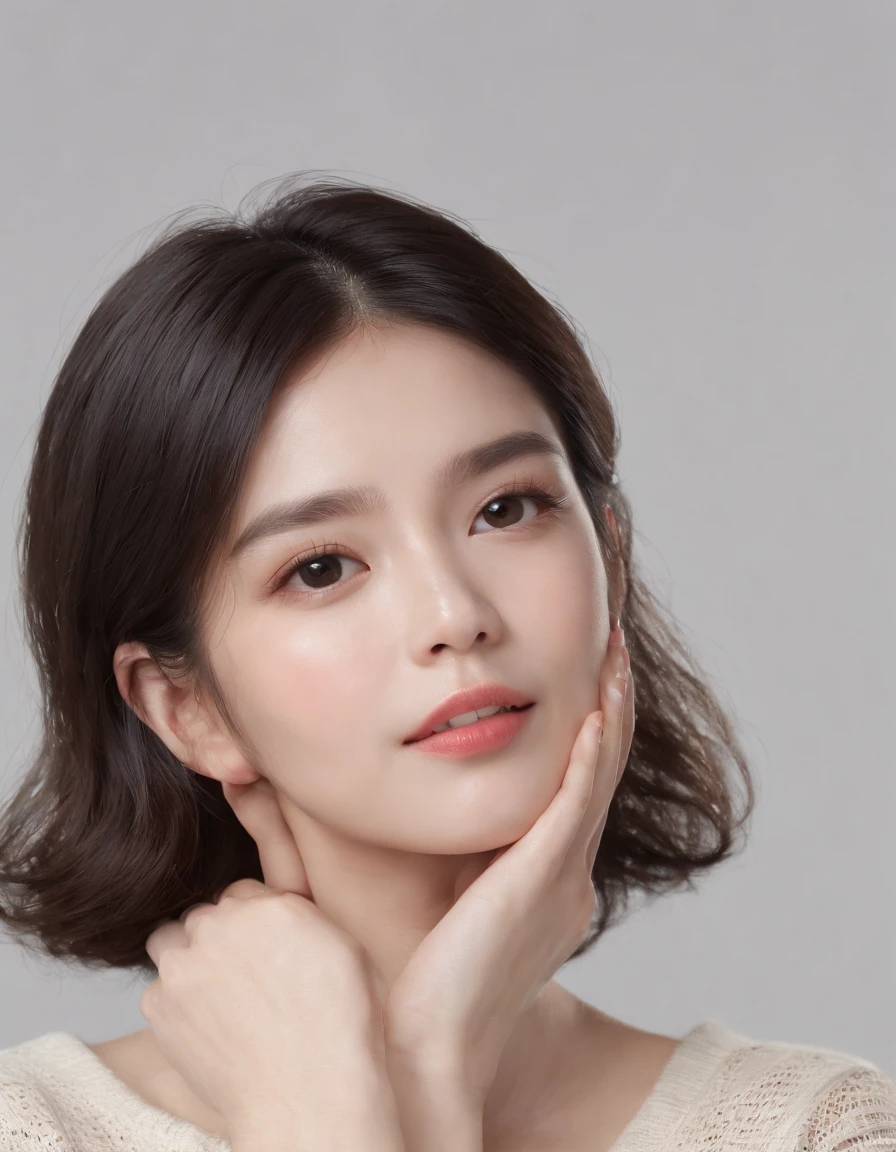 ((Side view)),(Masterpiece:1.3), (8K, Photorealistic, RAW photo, Best quality: 1.4), White background ,Kaihuai, Be happy, Show your teeth,(1girll), Beautiful face, (Realistic face), (Black hair, Short hair:1.3), Beautiful hairstyle, Realistic eyes, Beautiful detailed eyes, (Realistic skin), Beautiful skin, (Black sweater), absurderes, Attractive, 超高分辨率, Ultra photo realsisim, Highly detailed, Golden ratio