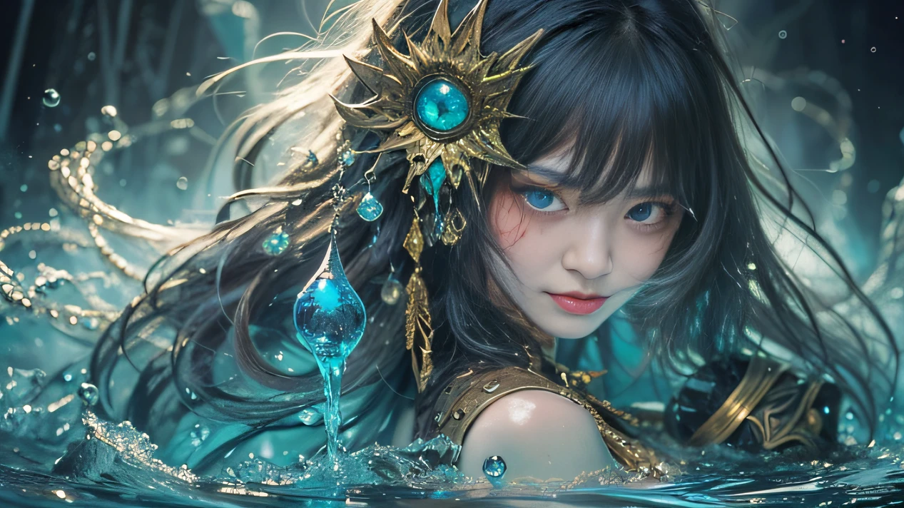water,Blood,Night, Dark, (fantasy),unlimited,Deep blue sky,Black eyeballs,Water flow hood,((Clay works)), (((Best quality))),((Beautiful fine eyes)),(eyeslashes)、A fairy riding a mythical beast、(1 fairy)、Black hair、cabelos preto e longos、The black eye of the abyss、Rouge skin、multicolor(Huge water droplets)、Golden robes、Tattered fabric、Realistic coat、、crystal、Super delicate CG Unity 32k wallpaper、tmasterpiece, ((ultra - detailed)), ((illustratio)),Extremely colorful,the wallpaper,energy,Unknown terror,mind bending,Around water technology,Magical environment,Guns and sticks,Boken,Flight page,Know it all,Predicting the future、Learn about the past、Infinite wisdom、Blue Flame、Warlock、(((Asian people)))(Buble)(multicolor)((full bodyesbian))