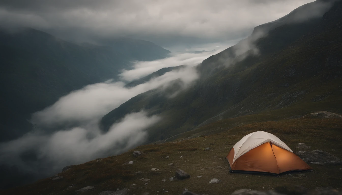 Camping in places with rivers and mountains on rainy days,master-piece,Sea of clouds