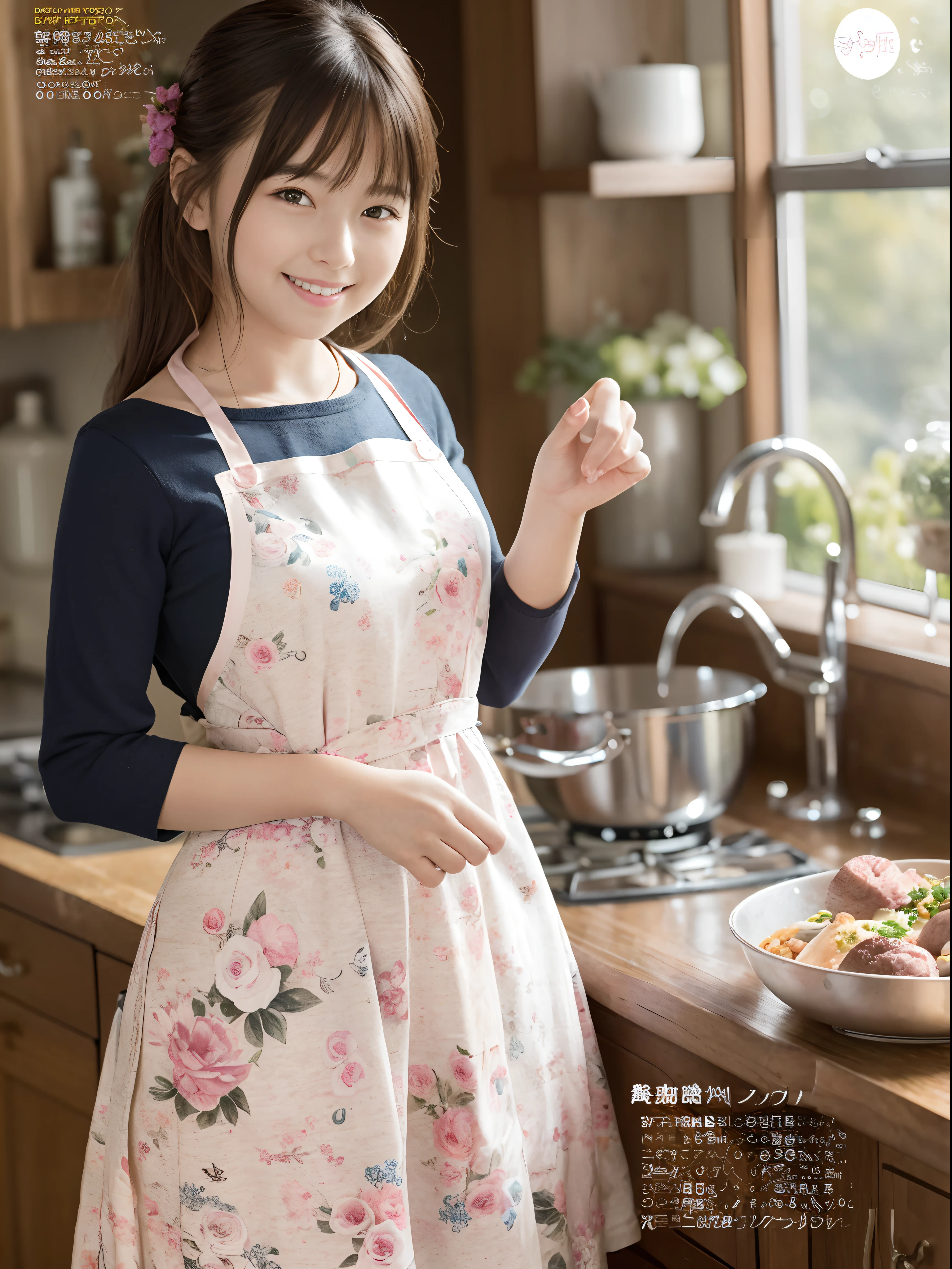 (top-quality、​masterpiece)、Cover of women's cooking magazine、1girl in、18year old、A stunning、cute little、Heartwarming smile、The figure of the hourglass、Wearing a floral dress、Pinney Apron、Beautiful food、Texto、diagrams、advertisement、magazine title、pink apron、Happy smile