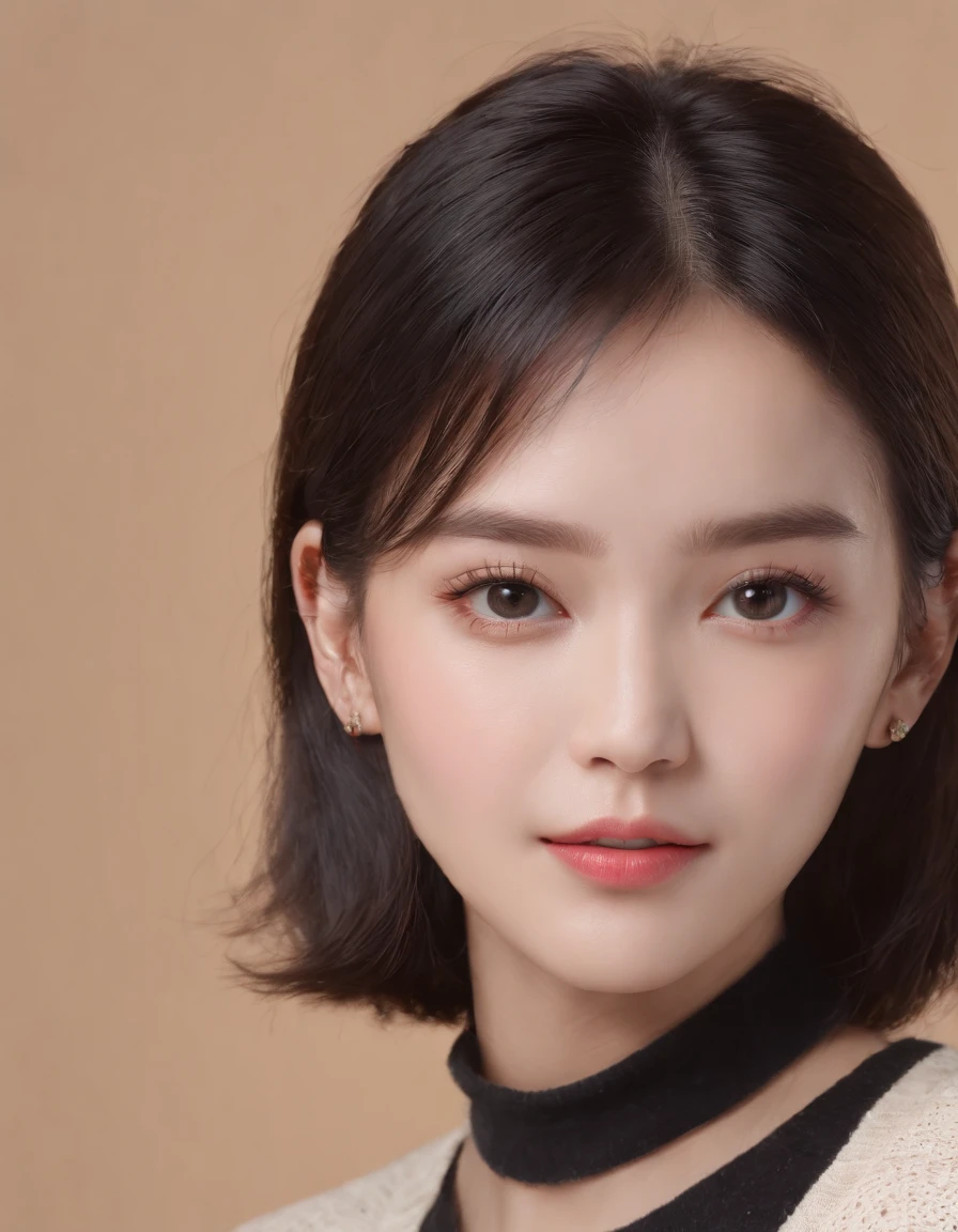 ((Side view)),(Masterpiece:1.3), (8K, Photorealistic, RAW photo, Best quality: 1.4), White background ,Kaihuai, Be happy, Show your teeth,(1girll), Beautiful face, (Realistic face), (Black hair, Short hair:1.3), Beautiful hairstyle, Realistic eyes, Beautiful detailed eyes, (Realistic skin), Beautiful skin, (Black sweater), absurderes, Attractive, 超高分辨率, Ultra photo realsisim, Highly detailed, Golden ratio
