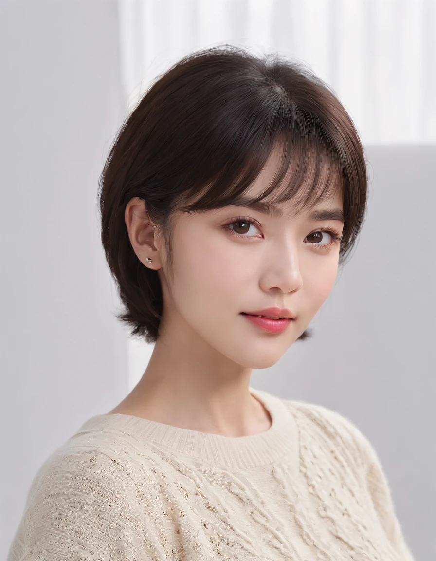 ((Side view)),(Masterpiece:1.3), (8K, Photorealistic, RAW photo, Best quality: 1.4), White background ,Kaihuai, Be happy, Show your teeth,(1girll), Beautiful face, (Realistic face), (Black hair, Short hair:1.3), Beautiful hairstyle, Realistic eyes, Beautiful detailed eyes, (Realistic skin), Beautiful skin, (Black sweater), absurderes, Attractive, 超高分辨率, Ultra photo realsisim, Highly detailed, Golden ratio