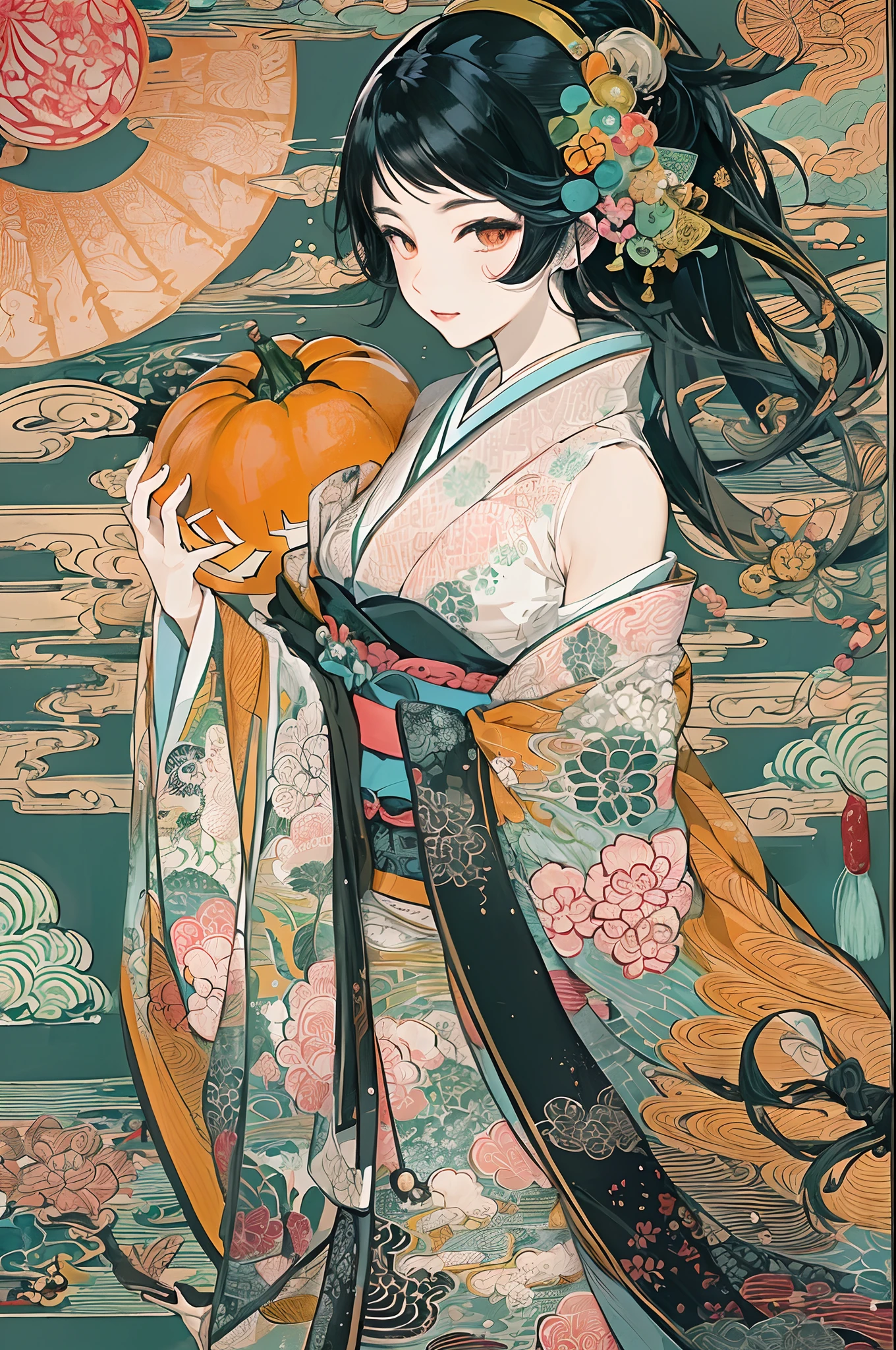 (masuter piece、top-quality、ukiyoe style、Mystical、Beautifully Aesthetic、offcial art、Sharaku:1.2)、(1 girl in:1.3)、(Fractal Art:1.3)、cowboy  shot、white and clean skin、(Beautiful black hair、Kimono:1.2)、Traditional performing arts of Japan in the background、highly colorful、(scrollwork、A Japanese style:1.2)、Ghost pumpkin、Halloween