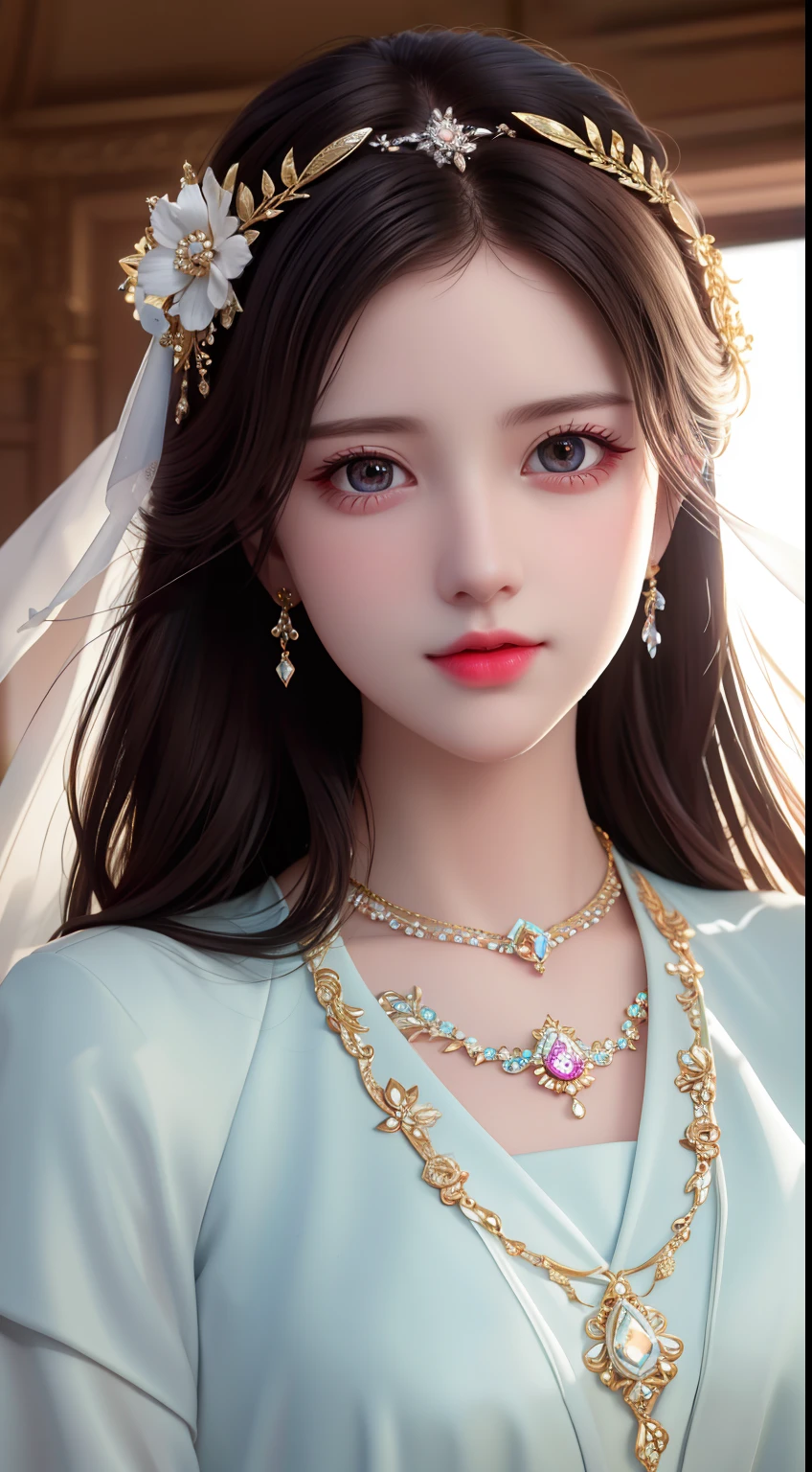 Best Quality, Masterpiece, High Resolution, 1 Girl, Porcelain Dress, Hair Accessories, Necklace, Jewelry, Beautiful Face, Physics, Tyndall Effect, Realistic, Dark Studio, Rim Lighting, Duotone Lighting, (High Detail Skin: 1.2), 8k uhd, DSLR, soft light, high quality, volumetric light, candid, photo, high resolution, 4k, 8k, bokeh