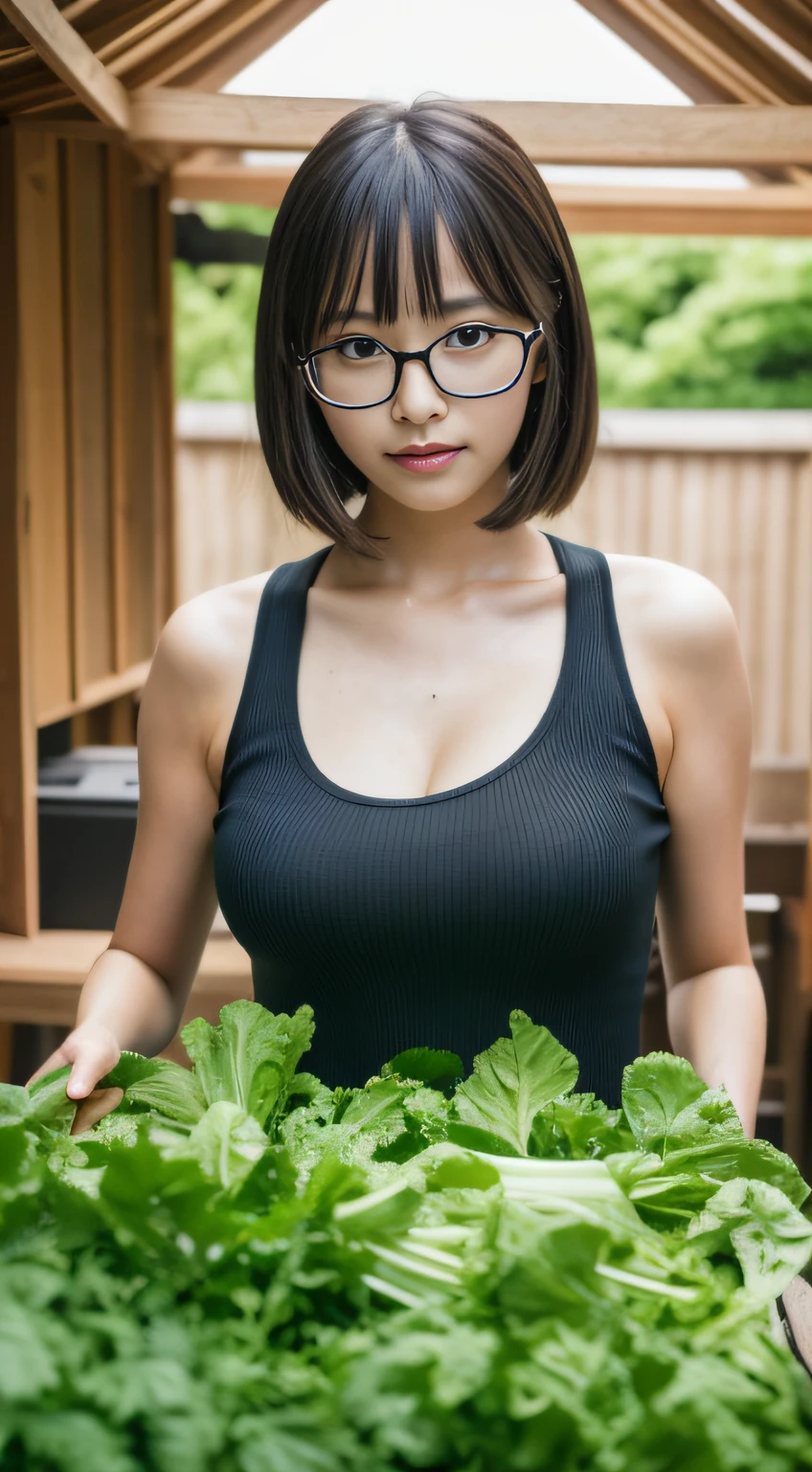 (wears glasses)、veggies、Harvesting vegetables、absolutely outstanding image, very extremely beautiful、masterpiece, top-quality,a picture, kawaii、(Colossal tits:1.2)、,8K,Japan girl realistic young idol、Young cute gravure idol、Young Sensual Gravure Idol、Young gravure idols、model in Japan
