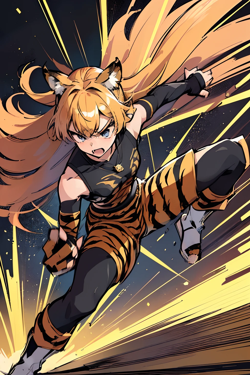 20yo 1girl, solo, (angry:1.2), small chest, (muscular:1.2), fang, (blonde long hair, tiger print bang:1.2), (tiger ears, locket necklace, triangle locket:1.2), (tiger print long pant, tiger print elbow gloves, black knee boot:1.2) full body, (high kick, fighting stance, flighting pose, flighting action, dynamic angle, battle, The girl is attacking at great speed, high speed action, the girl is moving at great speed, afterimage, palms:1.5), ( light particles, motion lines, speed lines, motion blur, The girl's hair flutter wildly in the wind, high speed:1.5), (Rocky areas, rubble), BREAK from back