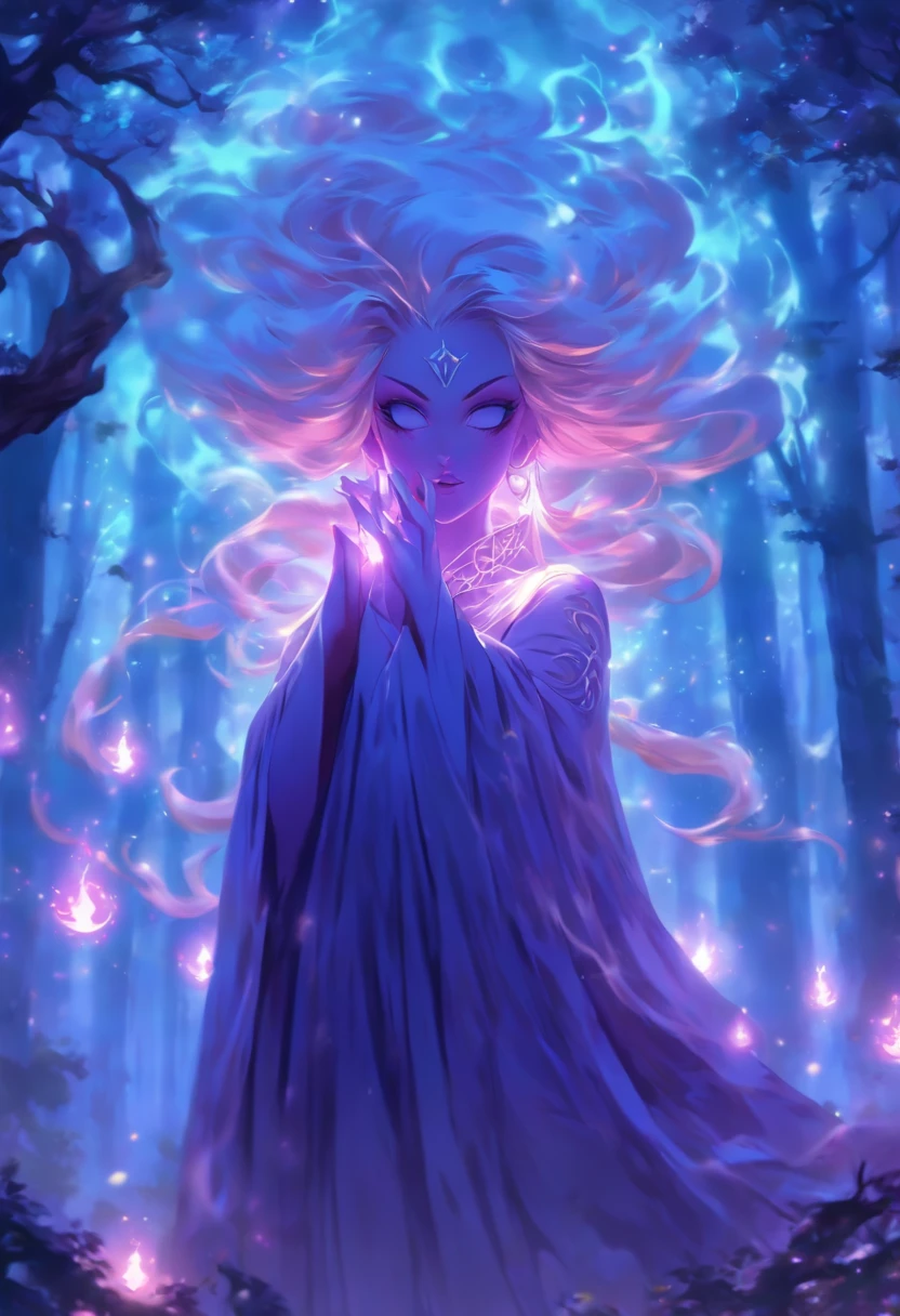(best quality, highres, ultra-detailed, realistic:1.37), female, glowing purple eyes, long flowing blonde hair, witch, goddess, casting glowing spells, mystical fantasy woods, evil smirk, enchanted atmosphere, hauntingly beautiful, ethereal, dark magic, mesmerizing, captivating, mysterious aura, wisps of magic, moonlit glimmer, ancient power, bewitching presence, enchanting glow, intricate spellcasting, swirling energy, mystical symbols, surreal landscape, majestic trees, vibrant foliage, moonlight filtering through the branches, flickering lights, magical creatures, enchanting melodies, otherworldly whispers, ethereal haze, divinely powerful, aura of darkness, enchanting beauty, spellbinding gaze, magical essence, intoxicating charm, femme fatale, mythical realm, hauntingly seductive, spellbound onlookers