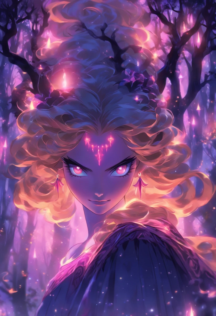 (best quality, highres, ultra-detailed, realistic:1.37), female, glowing purple eyes, long flowing blonde hair, witch, goddess, casting glowing spells, mystical fantasy woods, evil smirk, enchanted atmosphere, hauntingly beautiful, ethereal, dark magic, mesmerizing, captivating, mysterious aura, wisps of magic, moonlit glimmer, ancient power, bewitching presence, enchanting glow, intricate spellcasting, swirling energy, mystical symbols, surreal landscape, majestic trees, vibrant foliage, moonlight filtering through the branches, flickering lights, magical creatures, enchanting melodies, otherworldly whispers, ethereal haze, divinely powerful, aura of darkness, enchanting beauty, spellbinding gaze, magical essence, intoxicating charm, femme fatale, mythical realm, hauntingly seductive, spellbound onlookers