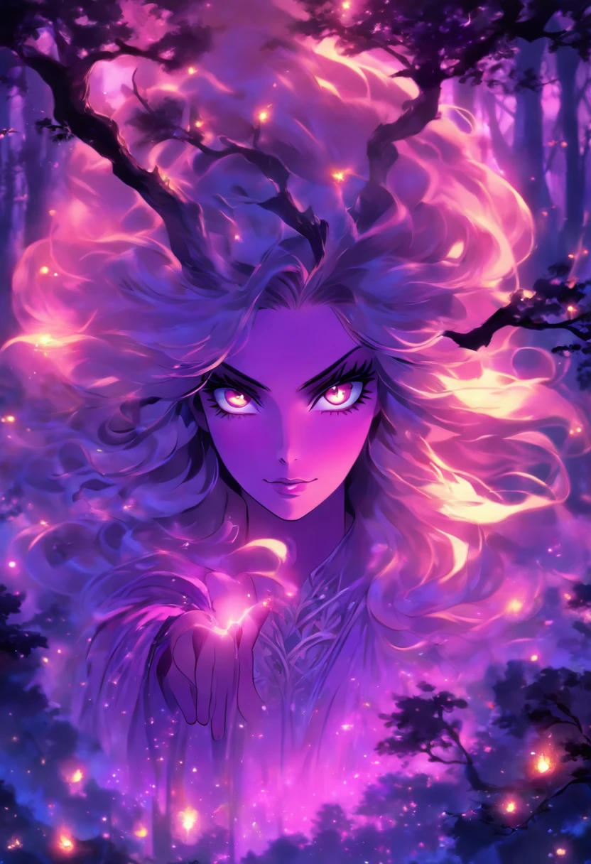 (best quality, highres, ultra-detailed, realistic:1.37), female, glowing purple eyes, long flowing blonde hair, witch, goddess, casting glowing spells, mystical fantasy woods, evil smirk, enchanted atmosphere, hauntingly beautiful, ethereal, dark magic, mesmerizing, captivating, mysterious aura, wisps of magic, moonlit glimmer, ancient power, bewitching presence, enchanting glow, intricate spellcasting, swirling energy, mystical symbols, surreal landscape, majestic trees, vibrant foliage, moonlight filtering through the branches, flickering lights, magical creatures, enchanting melodies, otherworldly whispers, ethereal haze, divinely powerful, aura of darkness, enchanting beauty, spellbinding gaze, magical essence, intoxicating charm, femme fatale, mythical realm, hauntingly seductive, spellbound onlookers