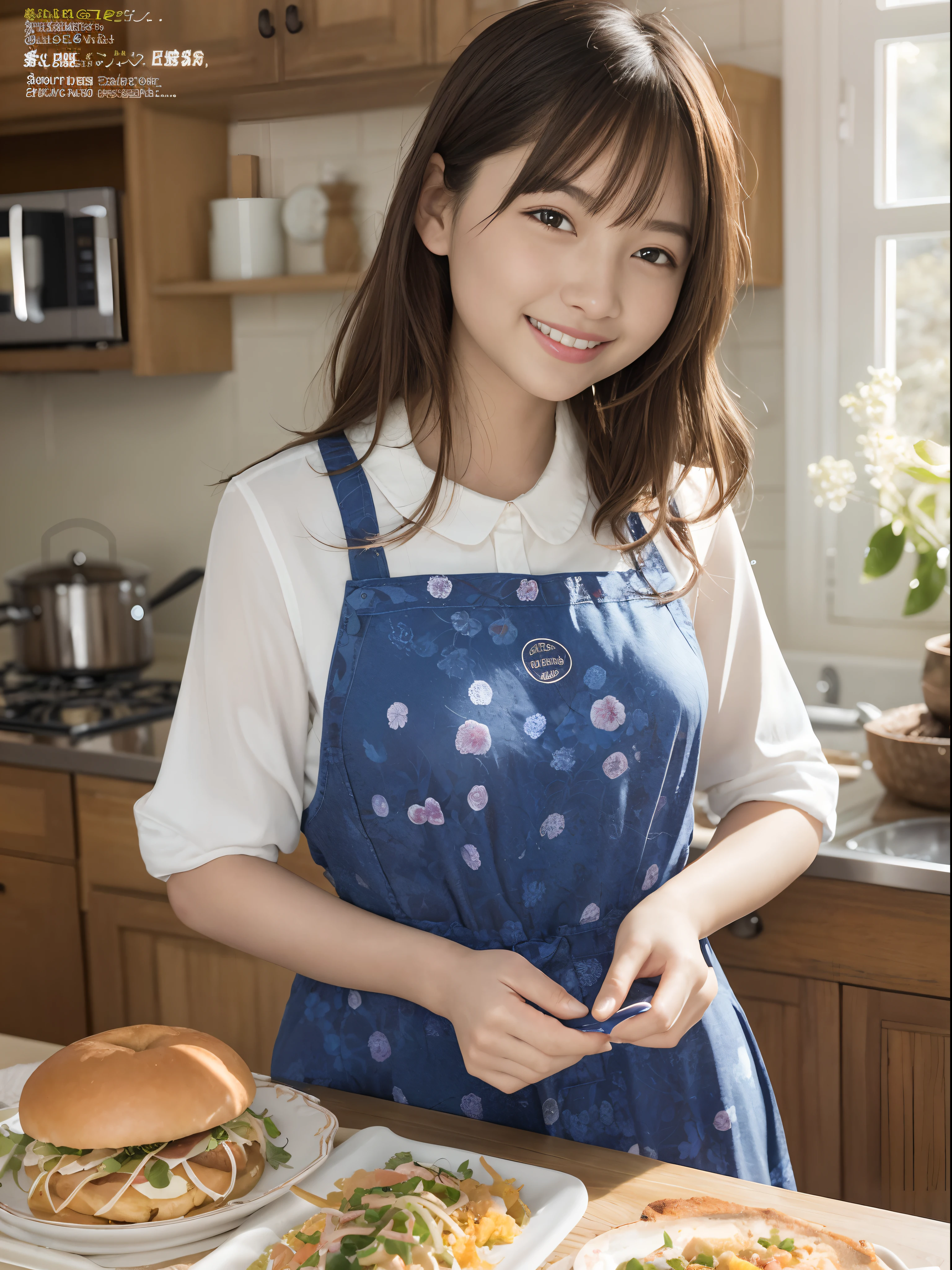 (top-quality、​masterpiece)、Cover of women's cooking magazine、1girl in、18year old、A stunning、cute little、Heartwarming smile、The figure of the hourglass、Wearing a floral dress、Pinney Apron、Beautiful food、Texto、diagrams、advertisement、magazine title