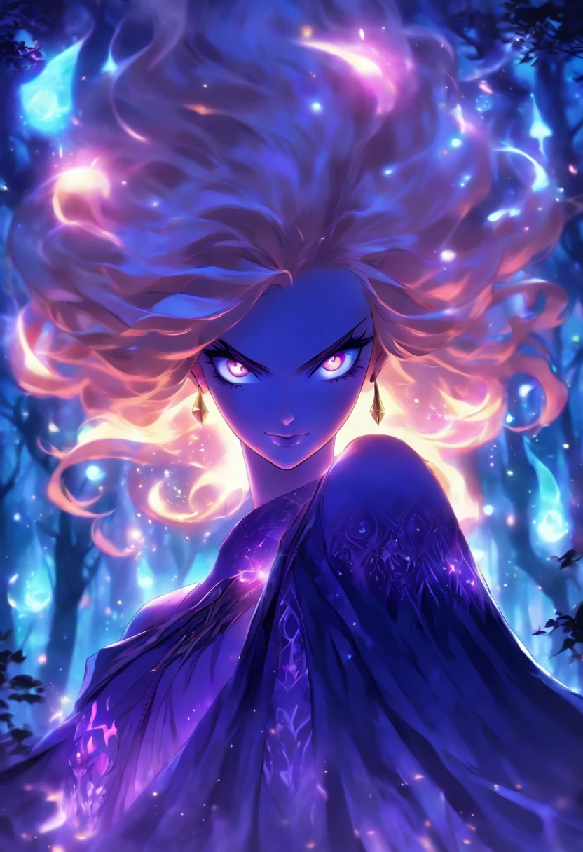 (best quality, highres, ultra-detailed, realistic:1.37), female, glowing purple eyes, long flowing blonde hair, witch, goddess, casting glowing spells, mystical fantasy woods, evil smirk, enchanted atmosphere, hauntingly beautiful, ethereal, dark magic, mesmerizing, captivating, mysterious aura, wisps of magic, moonlit glimmer, ancient power, bewitching presence, enchanting glow, intricate spellcasting, swirling energy, mystical symbols, surreal landscape, majestic trees, vibrant foliage, moonlight filtering through the branches, flickering lights, magical creatures, enchanting melodies, otherworldly whispers, ethereal haze, divinely powerful, aura of darkness, enchanting beauty, spellbinding gaze, magical essence, intoxicating charm, femme fatale, mythical realm, hauntingly seductive, spellbound onlookers
