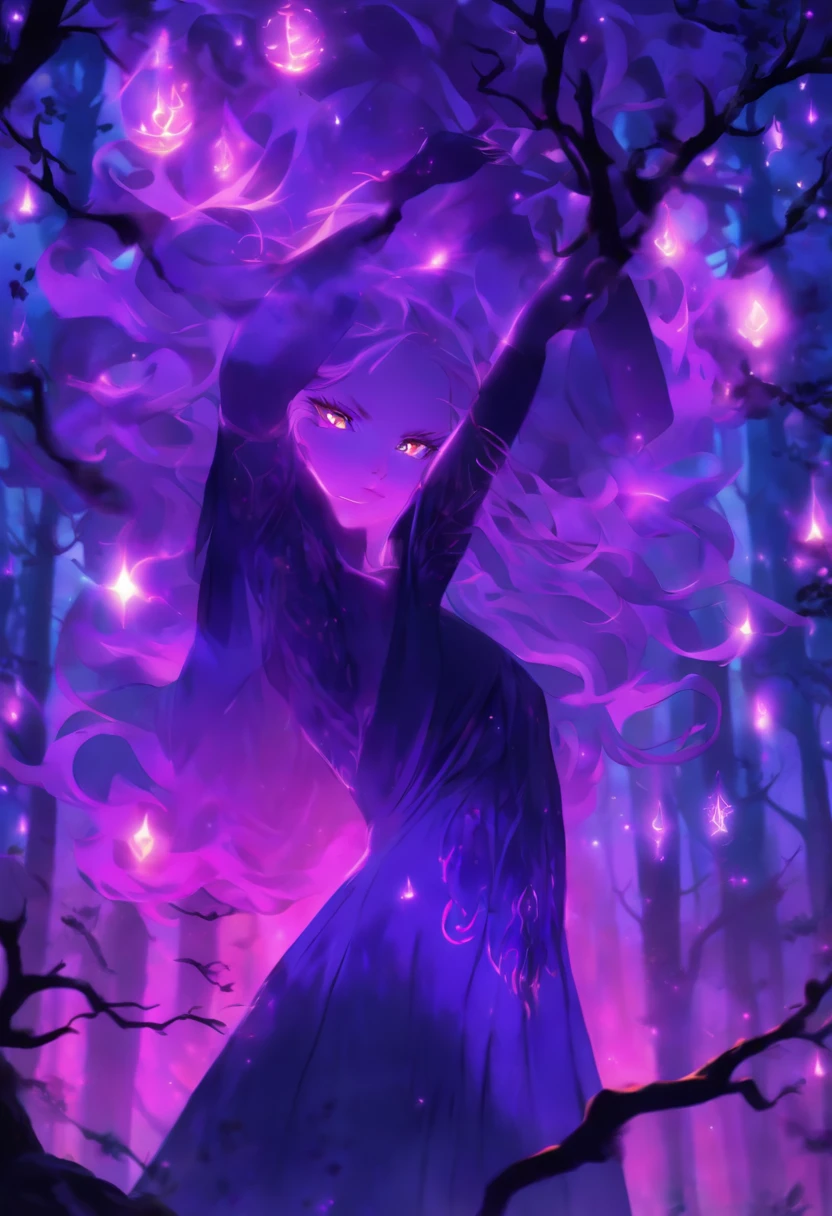 (best quality, highres, ultra-detailed, realistic:1.37), female, glowing purple eyes, long flowing blonde hair, witch, goddess, casting glowing spells, mystical fantasy woods, evil smirk, enchanted atmosphere, hauntingly beautiful, ethereal, dark magic, mesmerizing, captivating, mysterious aura, wisps of magic, moonlit glimmer, ancient power, bewitching presence, enchanting glow, intricate spellcasting, swirling energy, mystical symbols, surreal landscape, majestic trees, vibrant foliage, moonlight filtering through the branches, flickering lights, magical creatures, enchanting melodies, otherworldly whispers, ethereal haze, divinely powerful, aura of darkness, enchanting beauty, spellbinding gaze, magical essence, intoxicating charm, femme fatale, mythical realm, hauntingly seductive, spellbound onlookers