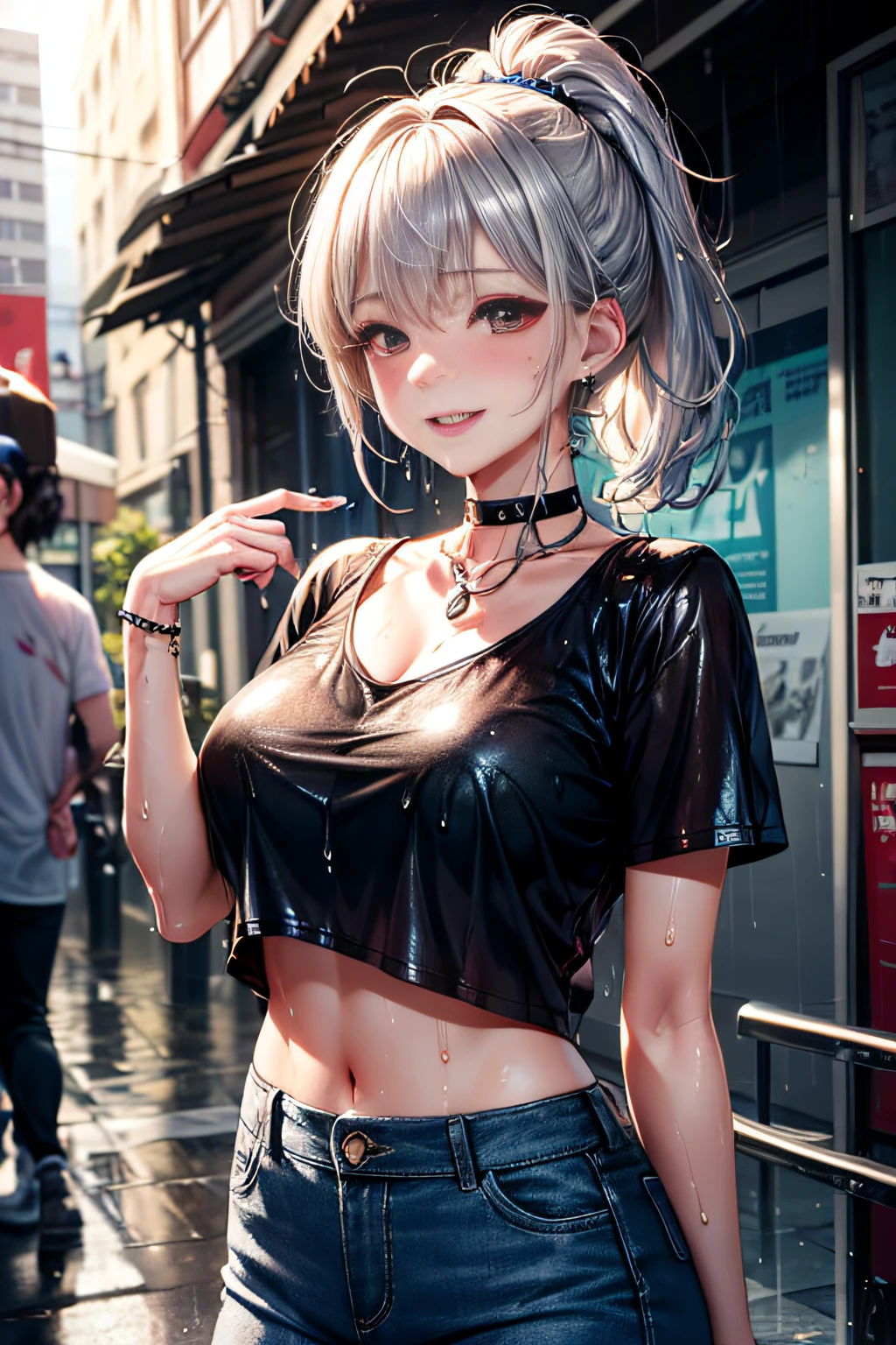 sologirl,Back alley in heavy rain,Drenched bad girl,piercings,Punk rock fashion,Punk rock shirt with chain,Punk rock pants with chain,a choker,Intense body movements,Add a motion blur effect to simulate motion,(The whole body is soaking wet,Rainwater dripping from the face,Wet face,wetting hair,Wet and glowing skin,Soaking wet costumes,),(shiny silver hair,Short ponytail),(The composition of the princess's face,big eye,Pointed lips,red lipsticks,Cute round face,A smile that makes the viewer happy,blushing with embarrassment,red blush,),(Bold poses,(The 8k quality,masutepiece,top-quality,Ultra-high resolution output image,),intricate detailes,(Highly detailed raw photos:1.3),(Image Mode Ultra HD),