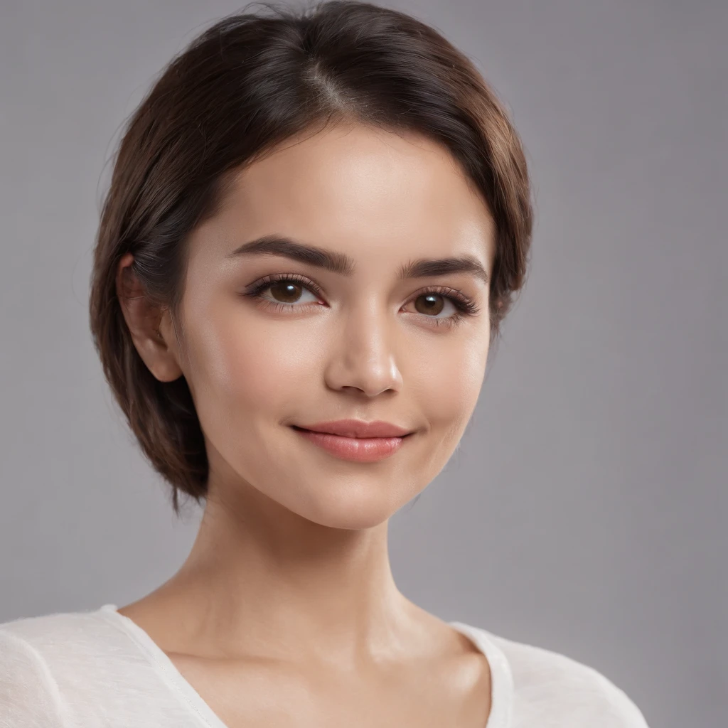(Photo: 1.3) af (realism: 1.3), (Hispanic), Latina woman profile picture, (frontal close-up), soft light, clear face, happy, cheerful, warm light, white T-shirt, (off-white background), (blank background), ((gray wall background)) avatar, (short hair), smile, beautiful, young,, short hair, smile, (close-up)
