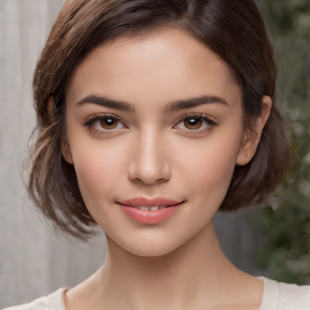 (Photo: 1.3) af (realism: 1.3), (Hispanic), Latina woman profile picture, (frontal close-up), soft light, clear face, happy, cheerful, warm light, white T-shirt, (off-white background), (blank background), ((gray wall background)) avatar, (short hair), smile, beautiful, young,, short hair, smile, (close-up)
