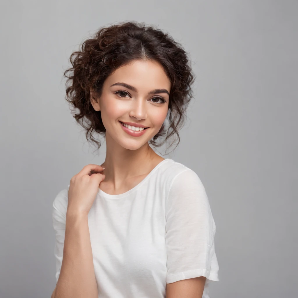 (Photo: 1.3) af (realism: 1.3), (Hispanic), Latina woman profile picture, (frontal close-up), soft light, clear face, happy, cheerful, warm light, white T-shirt, (off-white background), (blank background), (gray wall background)) avatar, (curly hair), smile, beautiful, young, short hair, smile, (close-up)