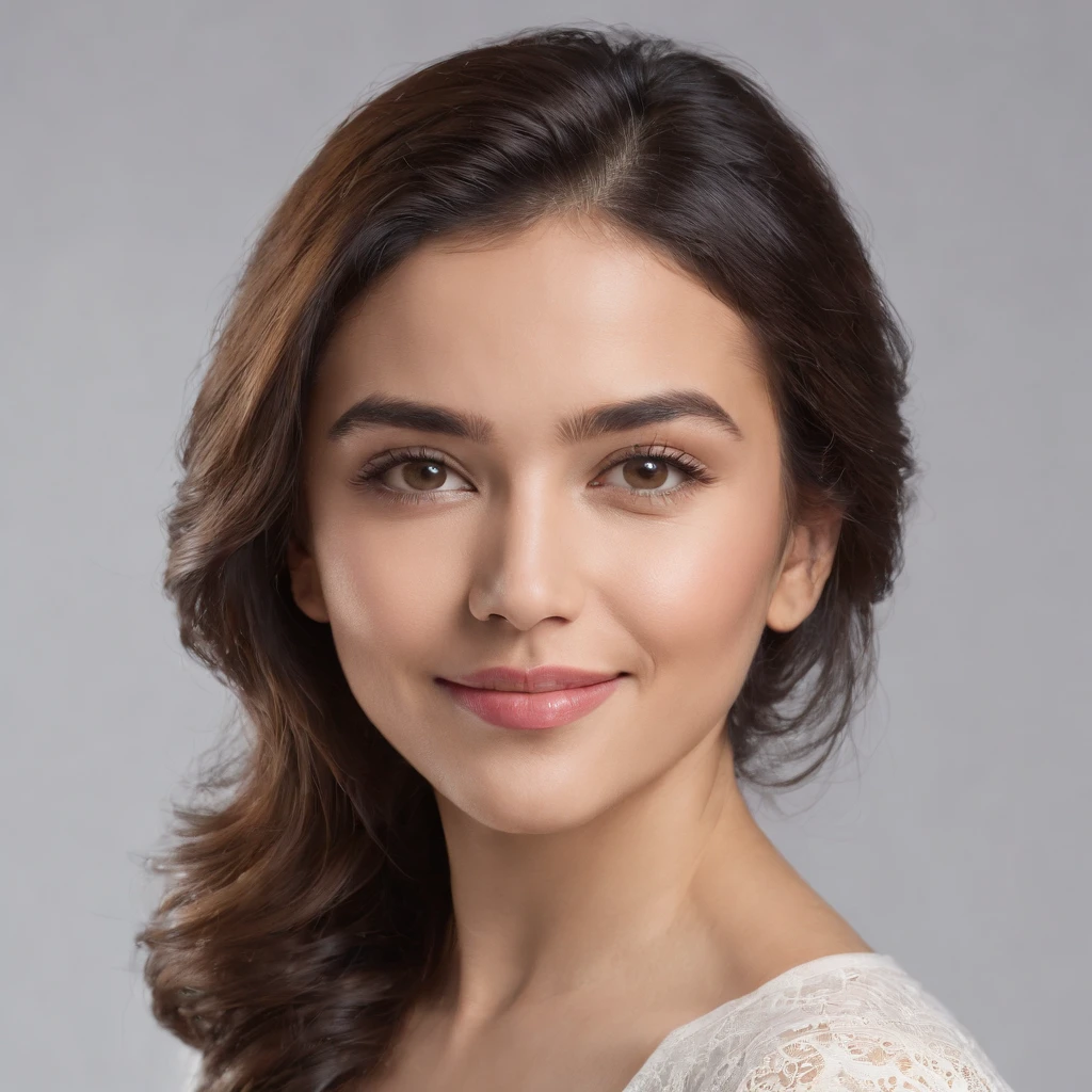 (Photo: 1.3) af (realism: 1.3), (Hispanic), Latina woman profile picture, (frontal close-up), soft light, clear face, happy, cheerful, warm light, white T-shirt, (off-white background), (blank background), (gray wall background)) avatar, (curly hair), smile, beautiful, young, short hair, smile, (close-up)