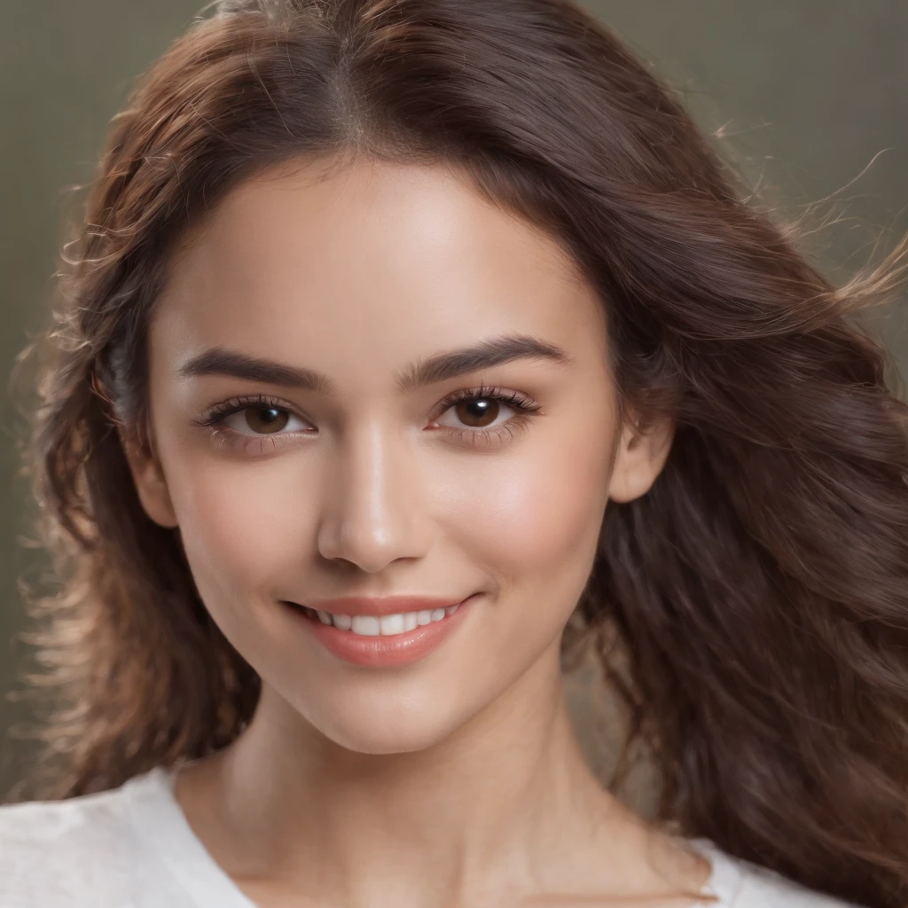(Photo: 1.3) af (realism: 1.3), (Hispanic), Latina woman profile picture, (frontal close-up), soft light, clear face, happy, cheerful, warm light, white T-shirt, (off-white background), (blank background), (gray wall background)) avatar, (curly hair), smile, beautiful, young, short hair, smile, (close-up)