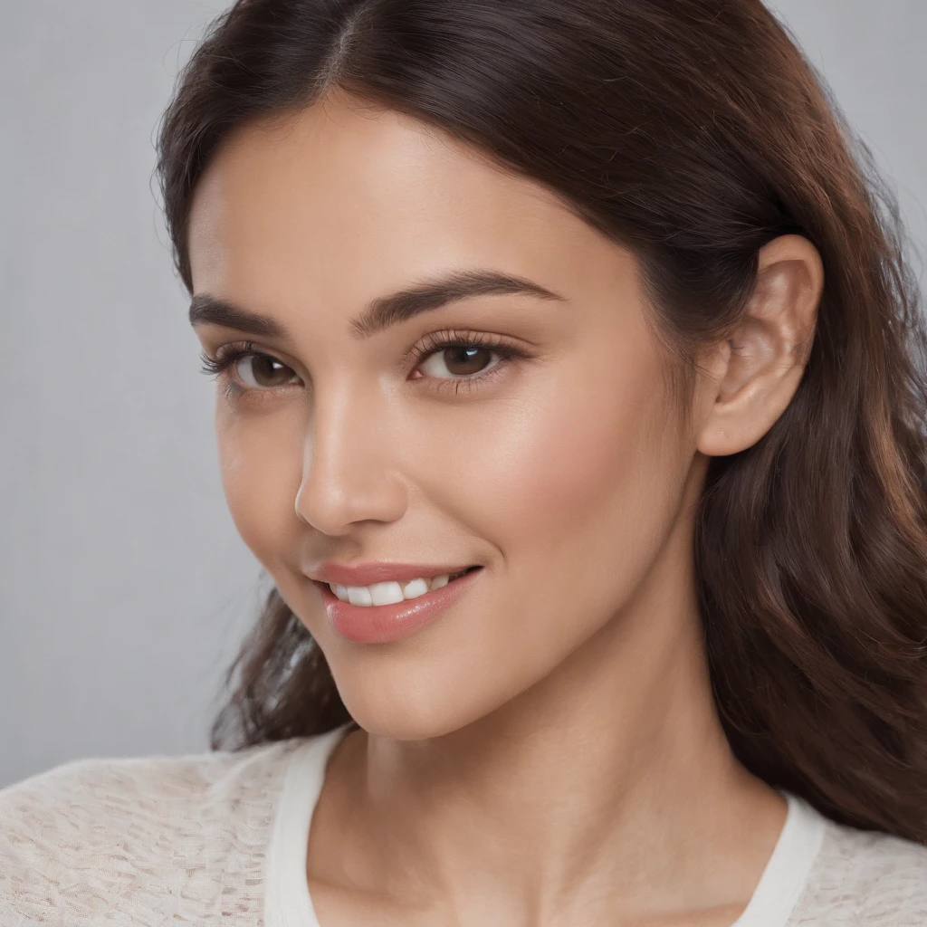 (Photo: 1.3) af (realism: 1.3), (Hispanic), Latina woman profile picture, (frontal close-up), soft light, clear face, happy, cheerful, warm light, white T-shirt, (off-white background), (blank background), (gray wall background)) avatar, (curly hair), smile, beautiful, young, short hair, smile, (close-up)