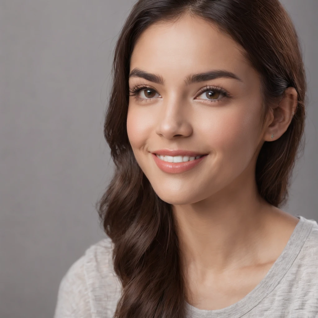 (Photo: 1.3) af (realism: 1.3), (Hispanic), Latina woman profile picture, (frontal close-up), soft light, clear face, happy, cheerful, warm light, white T-shirt, (off-white background), (blank background), ((grey wall background)) avatar, (straight hair), smile, beautiful, young, short hair, smile, (close-up)