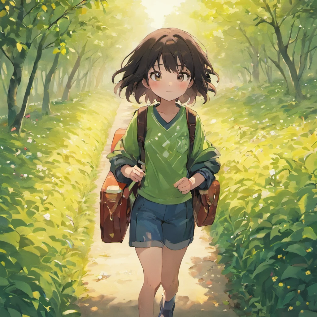 Um menino com uma mochila junto com filhote border collie desfrutando de um lindo passeio de primavera cercado por belas flores amarelas e natureza. The illustration is a high definition illustration in 4K resolution with highly detailed facial features and cartoon style visuals.