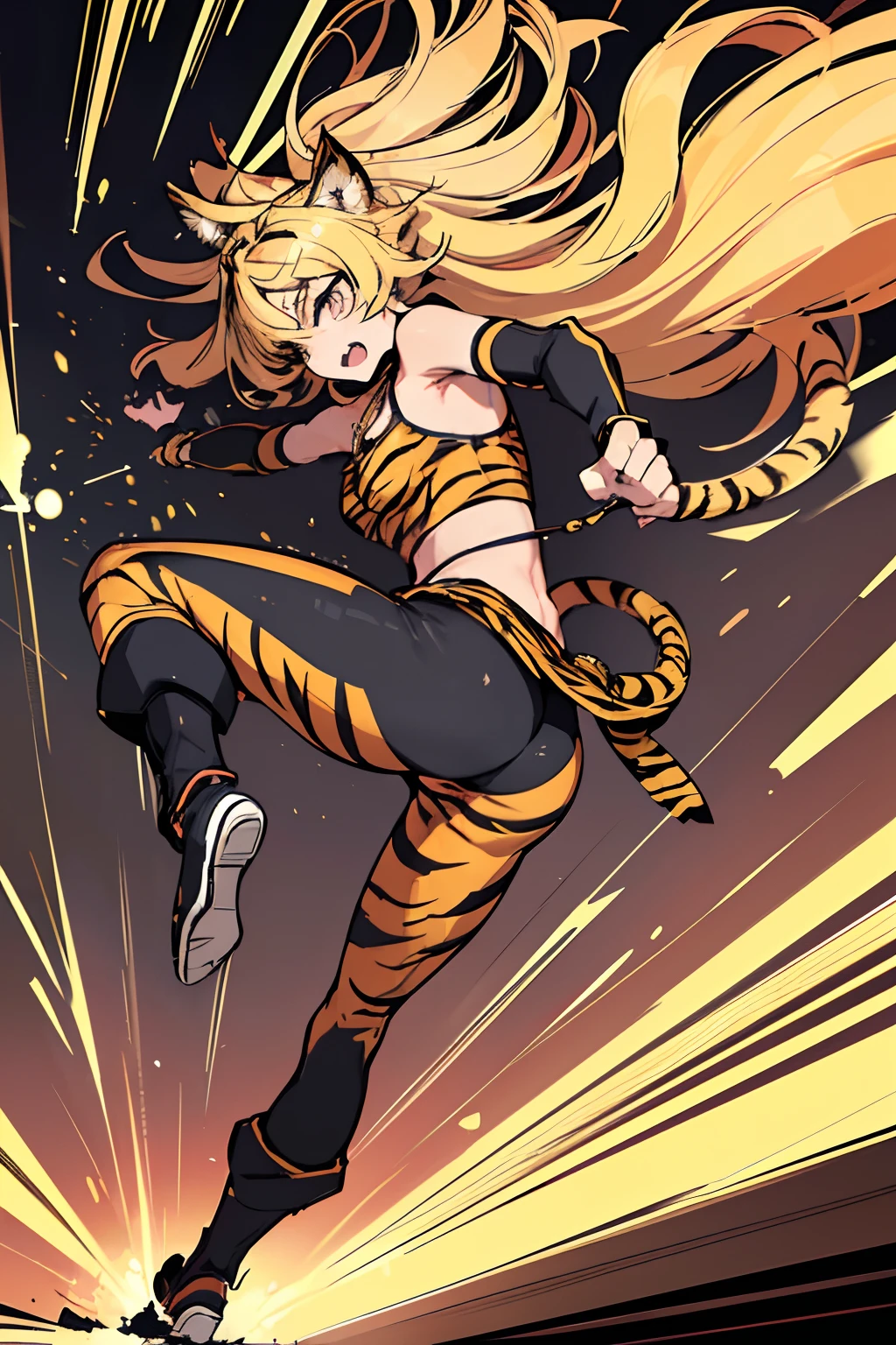 20yo 1girl, solo, (angry:1.2), small chest, (muscular:1.2), fang, (blonde long hair, tiger print bang:1.2), (tiger ears, locket necklace, triangle locket:1.2), (tiger print long pant, tiger print elbow gloves, black knee boot:1.2) full body, (high kick, fighting stance, flighting pose, flighting action, dynamic angle, battle, The girl is attacking at great speed, high speed action, the girl is moving at great speed, afterimage, palms:1.5), ( light particles, motion lines, speed lines, motion blur, The girl's hair flutter wildly in the wind, high speed:1.5), (Rocky areas, rubble), BREAK looking back