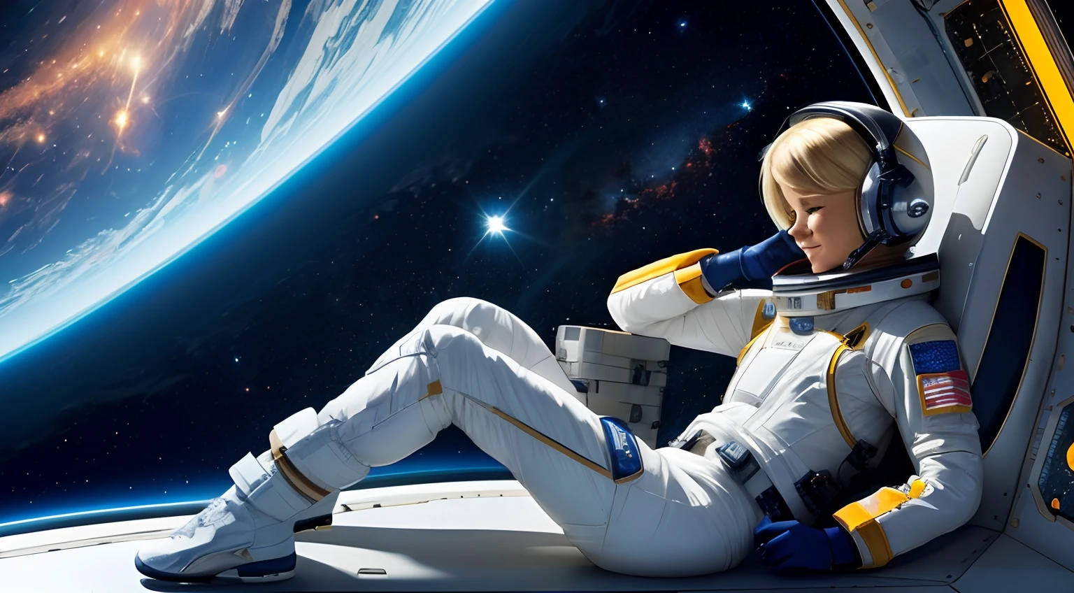 realistic Illustration of a short blond female pilot exploring space ultra-high definition detail, She sits in her bedroom on the spaceship ultra-high definition detail, taking a rest listening to music exploring the unknown realm of the universe, It is characterized by her calm and brave figure, The background is an expanse of outer space with galaxies and nebula across space. The costume is a spaceship pilot's suit, ultra-high definition detail, deep space, she is in the space station, she is smiling, she has her eyes fully open, comet leaving a trail of dust in the background