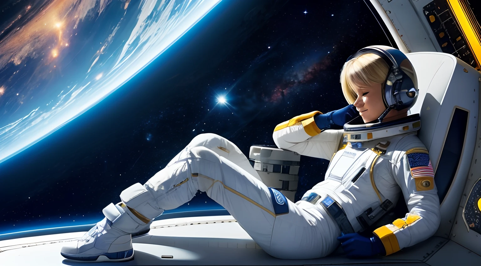 realistic Illustration of a short blond female pilot exploring space ultra-high definition detail, She sits in her bedroom on the spaceship ultra-high definition detail, taking a rest listening to music exploring the unknown realm of the universe, It is characterized by her calm and brave figure, The background is an expanse of outer space with galaxies and nebula across space. The costume is a spaceship pilot's suit, ultra-high definition detail, deep space, she is in the space station, she is smiling, she has her eyes fully open, comet leaving a trail of dust in the background