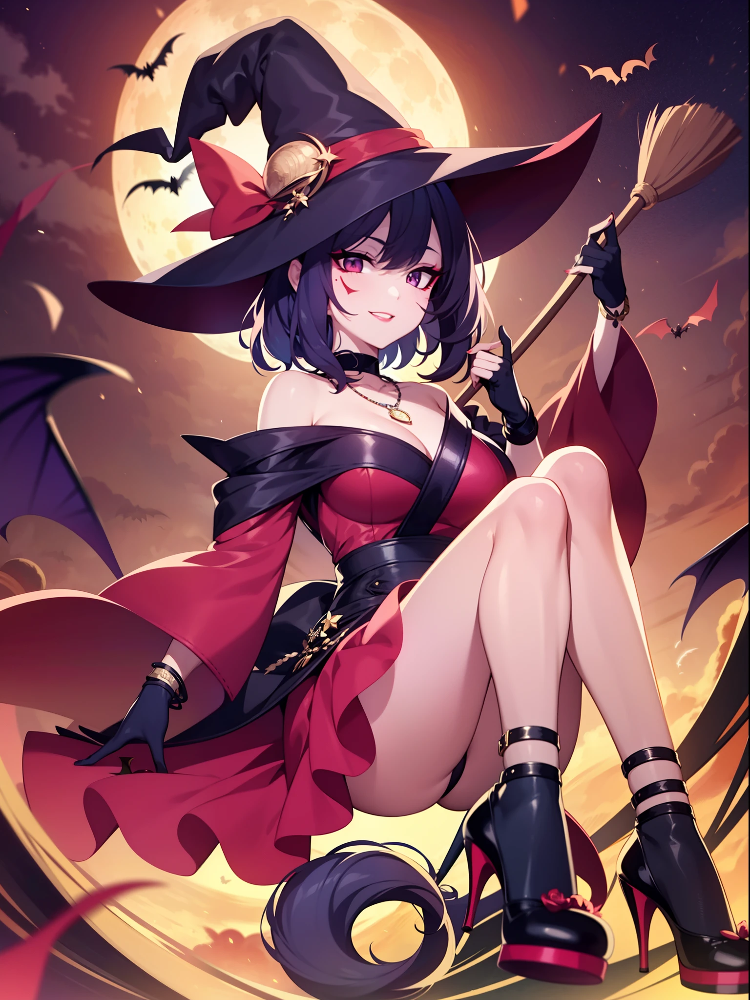 in 8K、top-quality、masterpiece、ultra-detailliert、Ultra-high resolution、Anime style、One Bewitching Witch、witch's hat、Holding a broom、Soaring in the sky、natta、fullmoon、the bats、makeup、eyeshadows、red lipsticks、a necklace、A bracelet、anklets、manicure、Red high heels、Red face、Smile bewitchingly