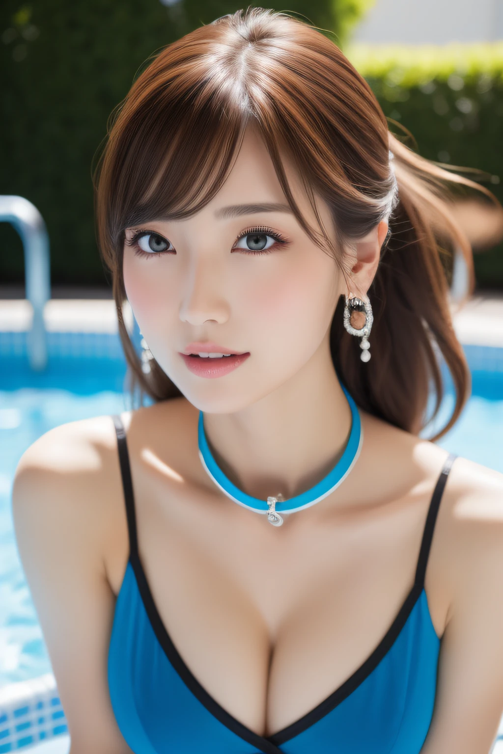 （best qualtiy，4K，tmasterpiece：1.3），Colossal tits, Cheerful woman，hyper realisitc，１Man Woman, sitting on,poolparty，Detailed eyes，二重まぶた，Sensual dress with low collar,hanging breasted,Super Detailed Face，Detailed lips